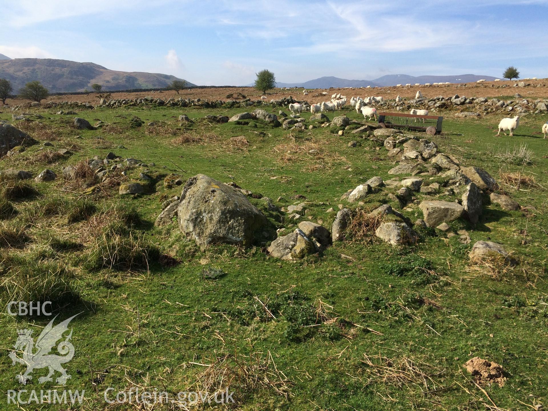 Colour photo showing long hut settlement at Pen y Gaer, produced by Paul R. Davis,  19th April 2017.