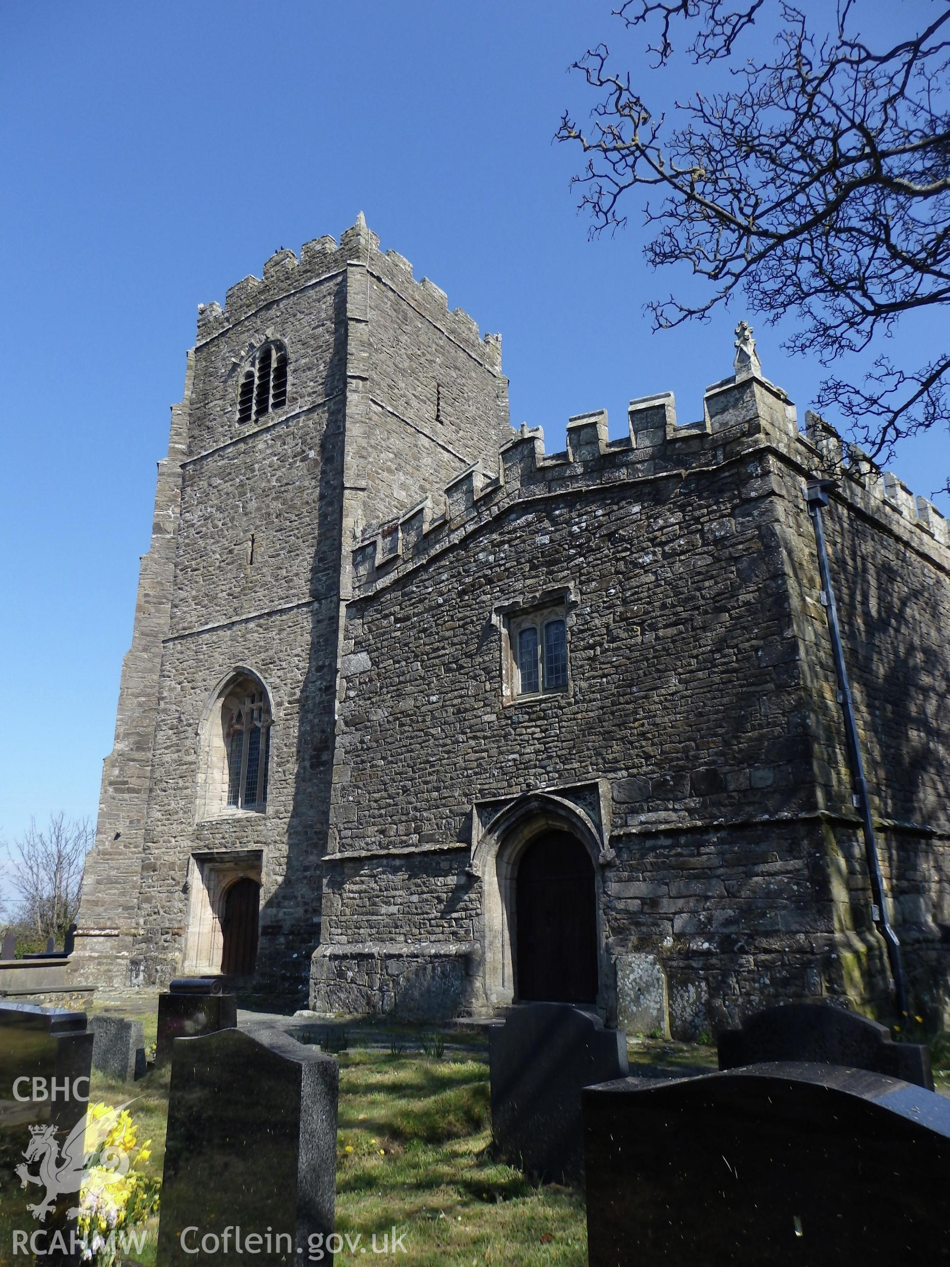 Colour photo of Clynnog Fawr Church, taken by Paul R. Davis, 7th April 2015.