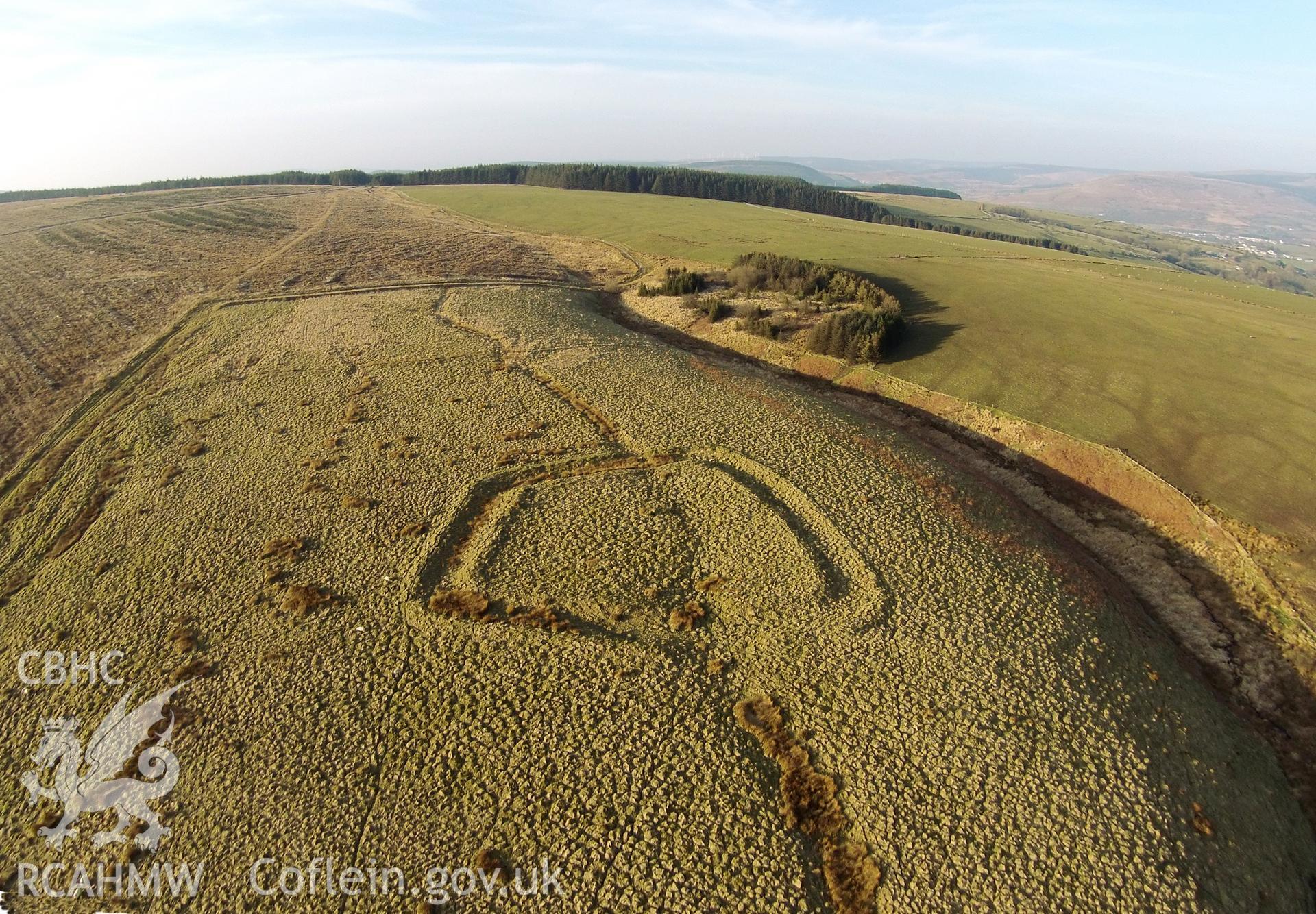 Colour aerial photo showing Caer Blaen y Cwm, taken by Paul R. Davis, 14th March 2016.