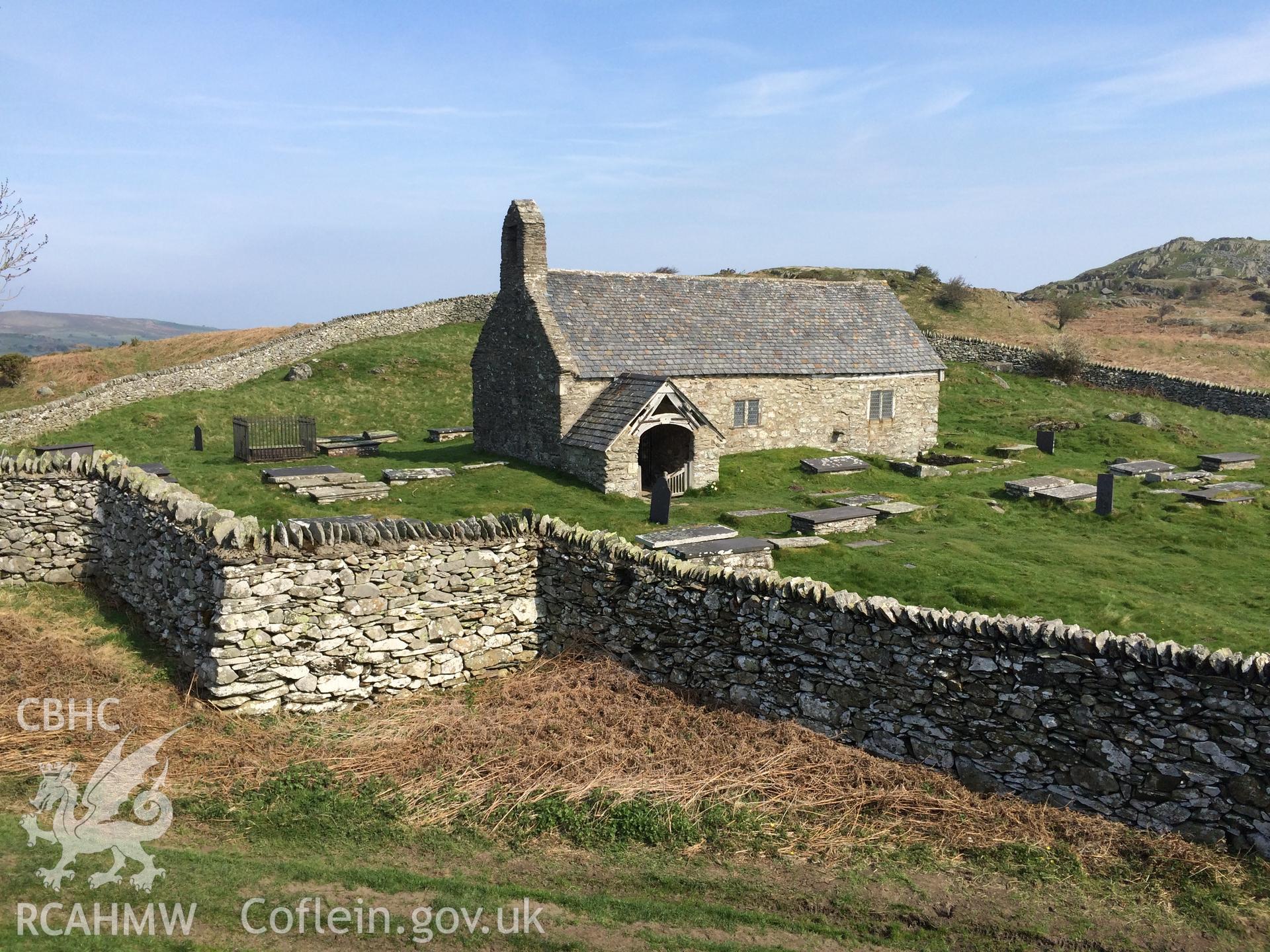 Colour photo showing Llangelynin Church,  produced by Paul R. Davis, 9th April 2017.