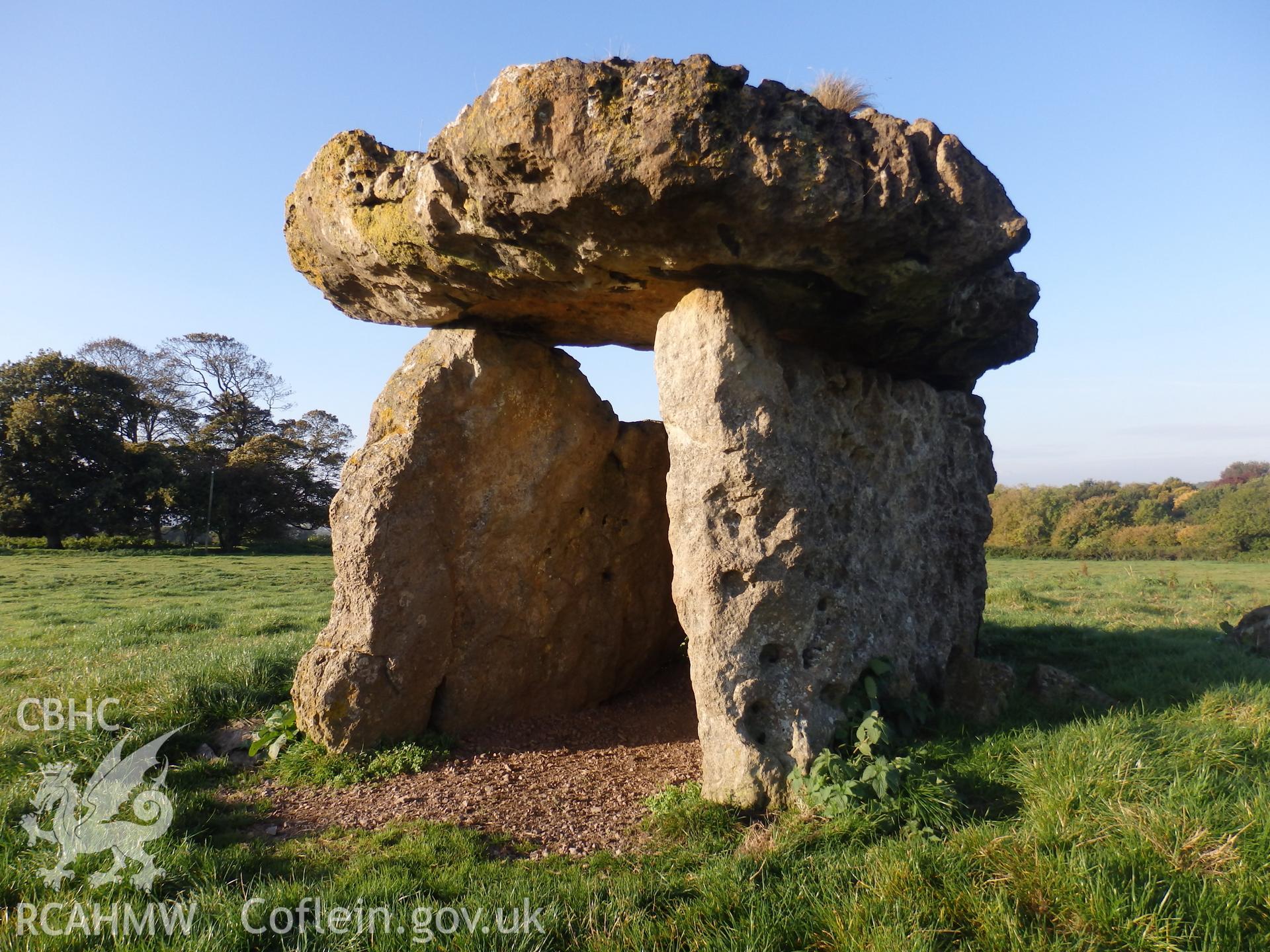 Colour photo showing St Lythan's Long Cairn,  produced by Paul R. Davis,  15th October 2015.