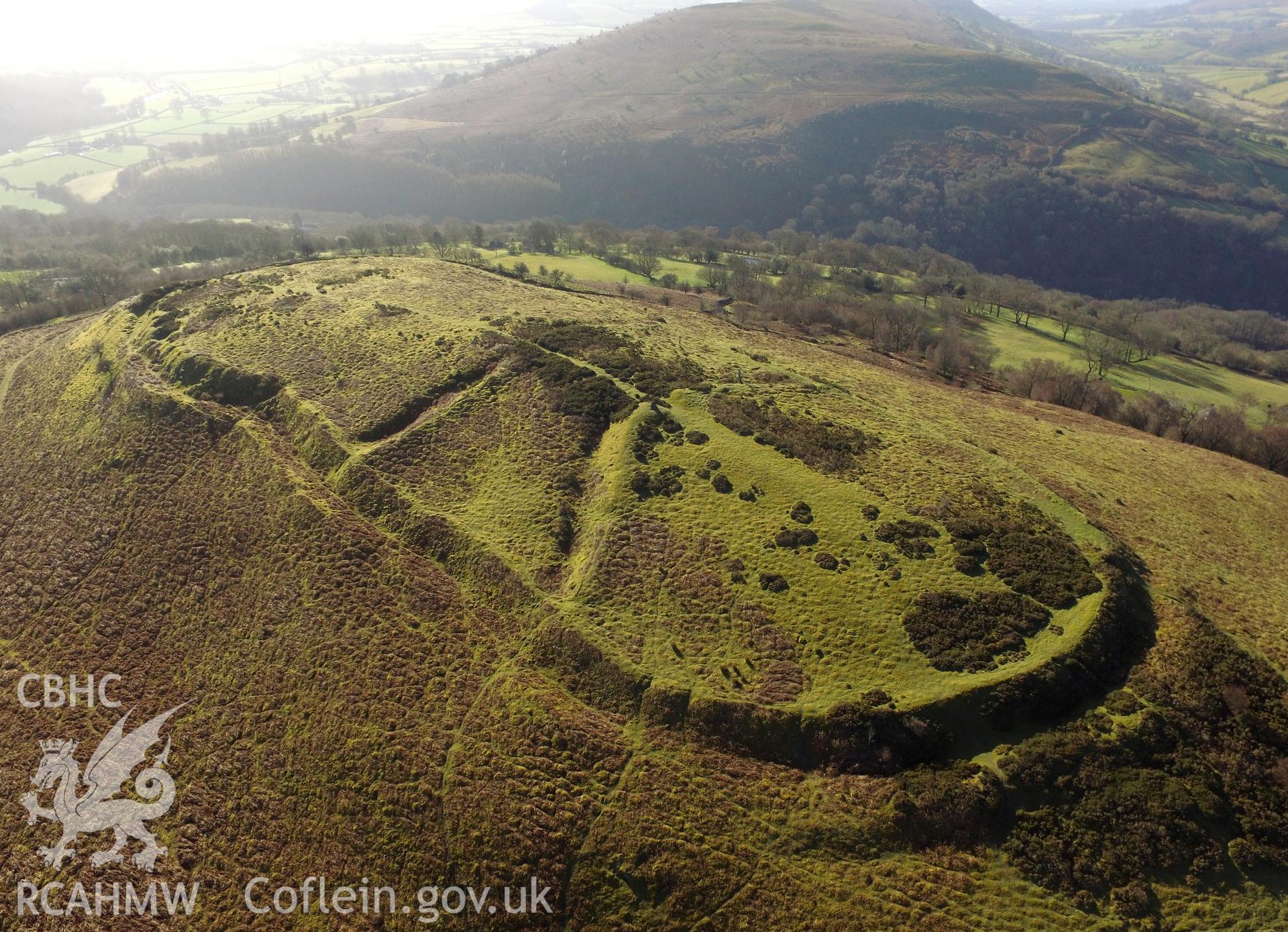 Colour aerial photo showing Twyn y Gaer, taken by Paul R. Davis,  25th March 2016.