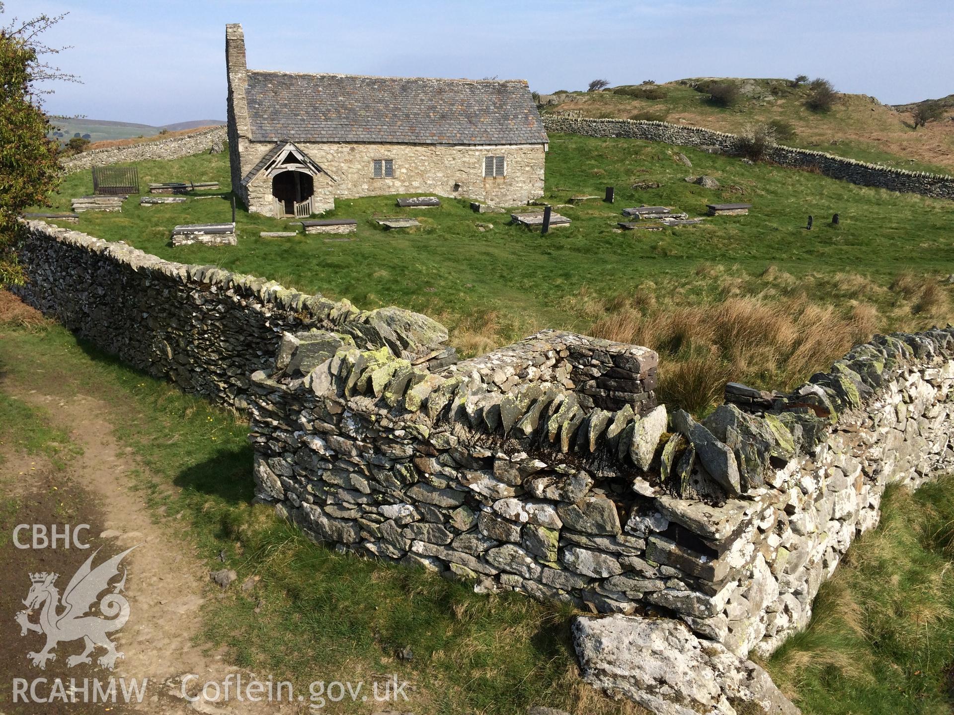 Colour photo showing Llangelynin Church,  produced by Paul R. Davis, 9th April 2017.