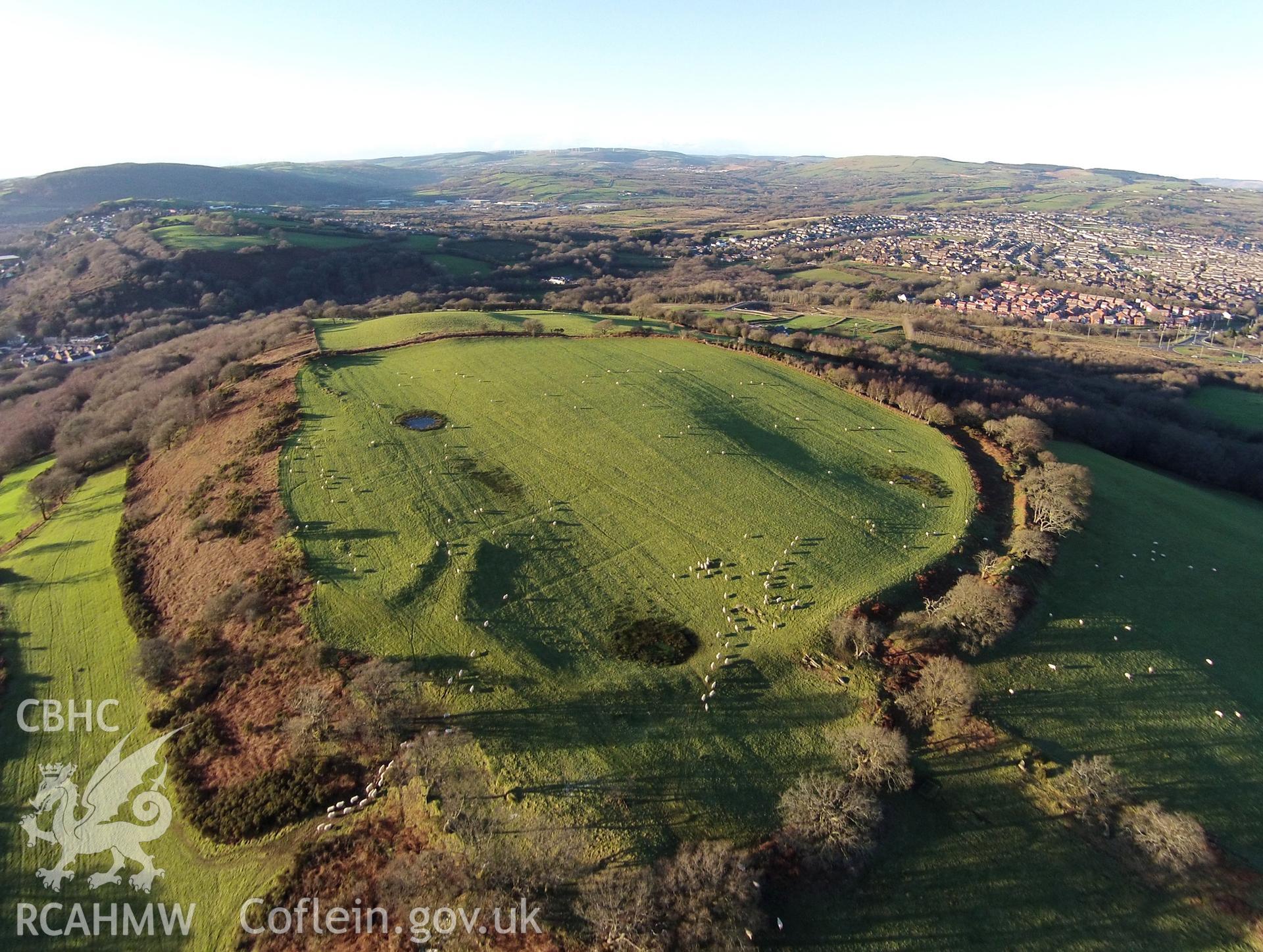 Colour aerial photo showing Caerau Hillfort, taken by Paul R. Davis, 14th January 2016.