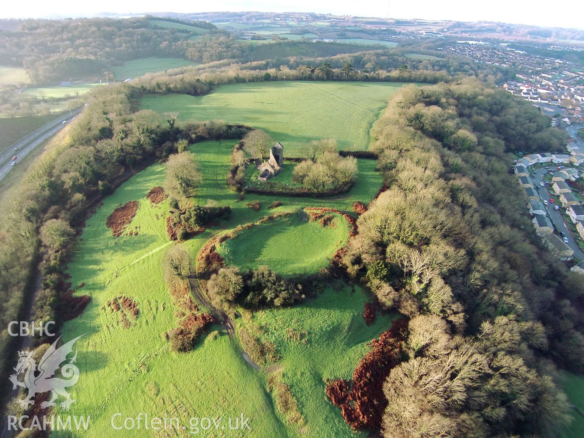 Colour aerial photo showing Caerau Castle Ringwork, taken by Paul R. Davis, 6th January 2016.