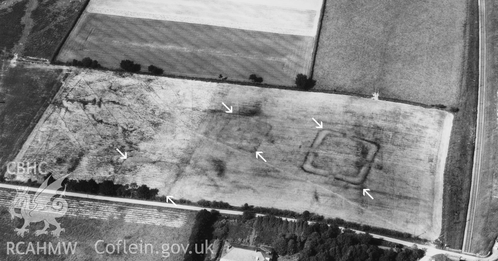 Figure 127: Digital image showing aerial view of the three practice camps west on Llandrindod Common (XI, XX, and IX), from the south, 1966.