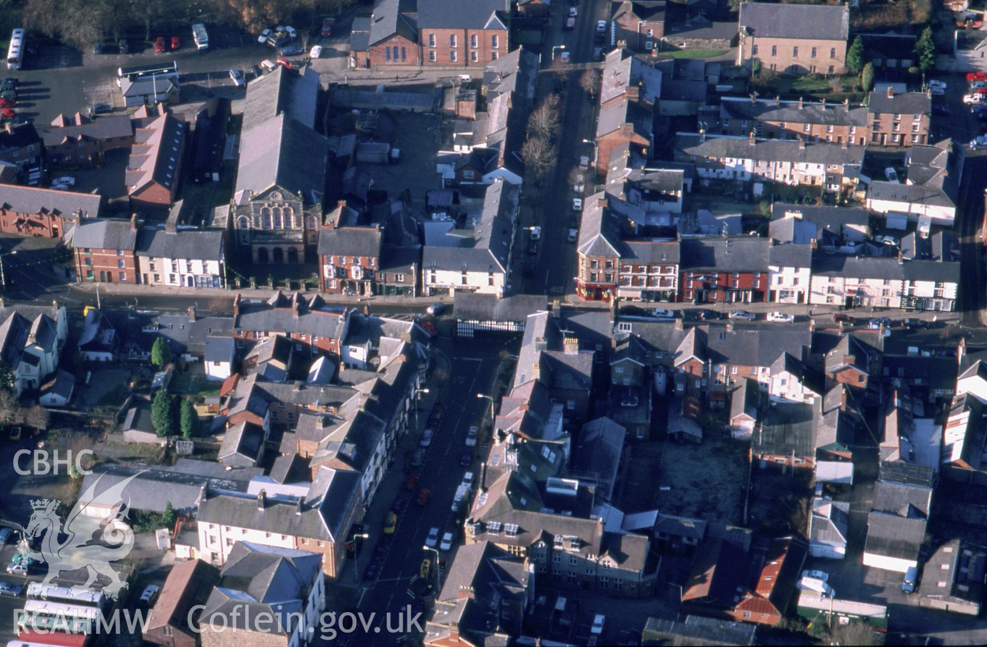 Slide of RCAHMW colour oblique aerial photograph of Llanidloes, taken by T.G. Driver, 12/12/2001.