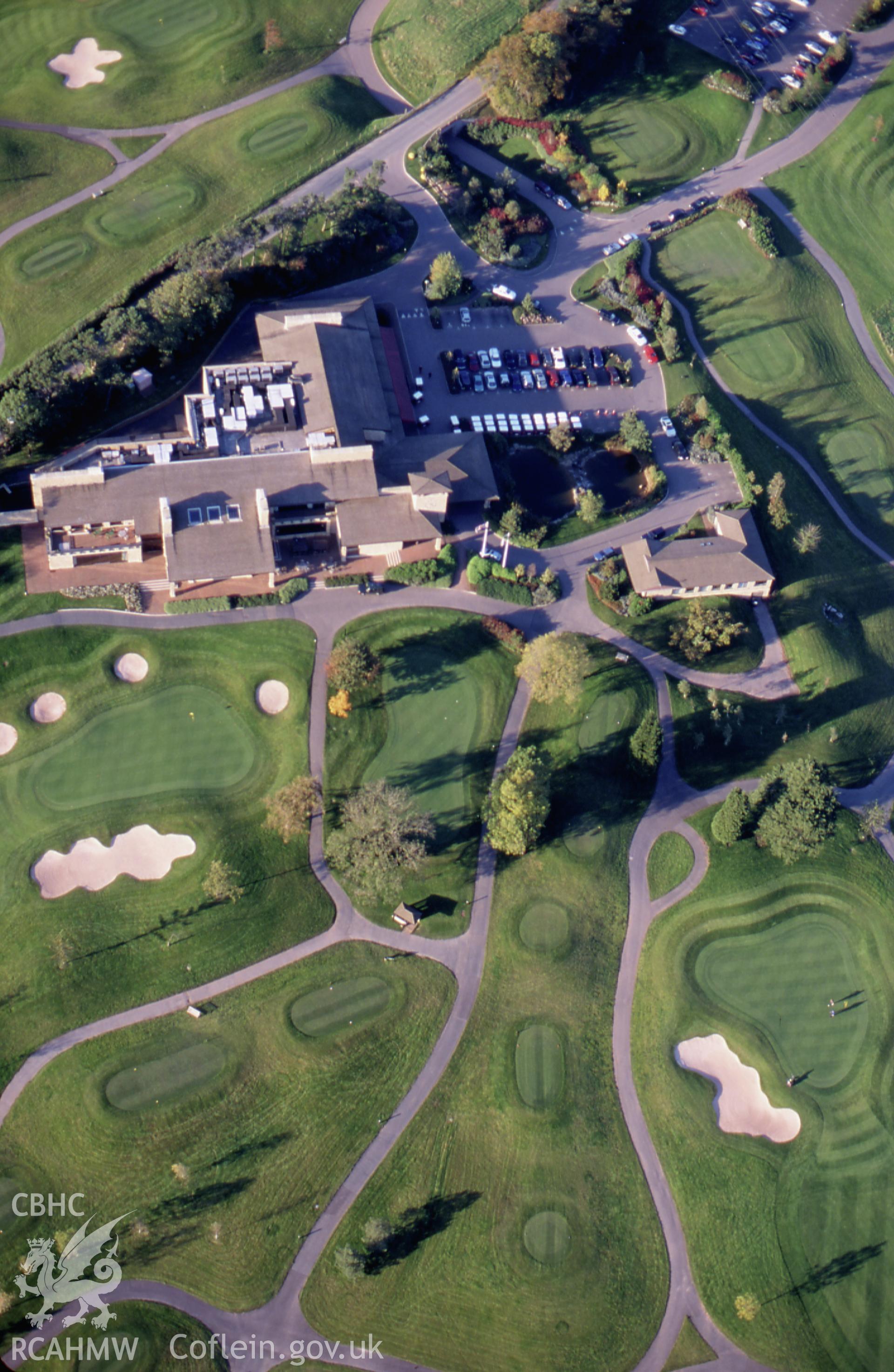 RCAHMW colour slide oblique aerial photograph of Celtic Manor Golf Club, Caerleon, taken on 18/10/1999 by Toby Driver