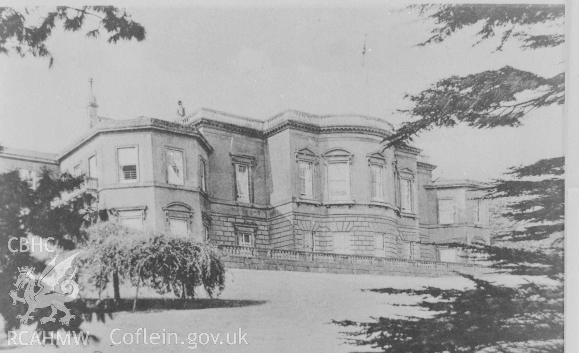 Black and white print of Baron Hill, Beaumaris, copied from a postcard loaned by Thomas Lloyd.