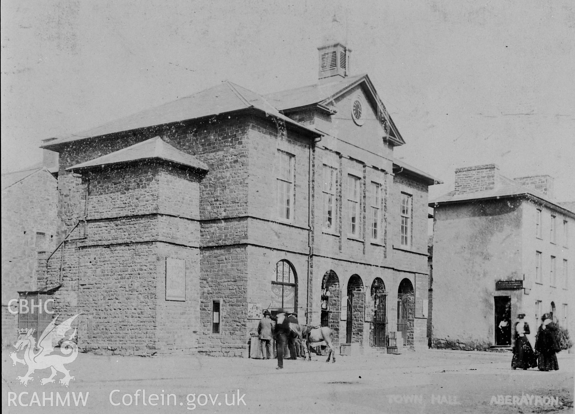 Black and white photograph of Aberaeron Town Hall, copied from an original postcard in the possession of Thomas Lloyd. Negative held.