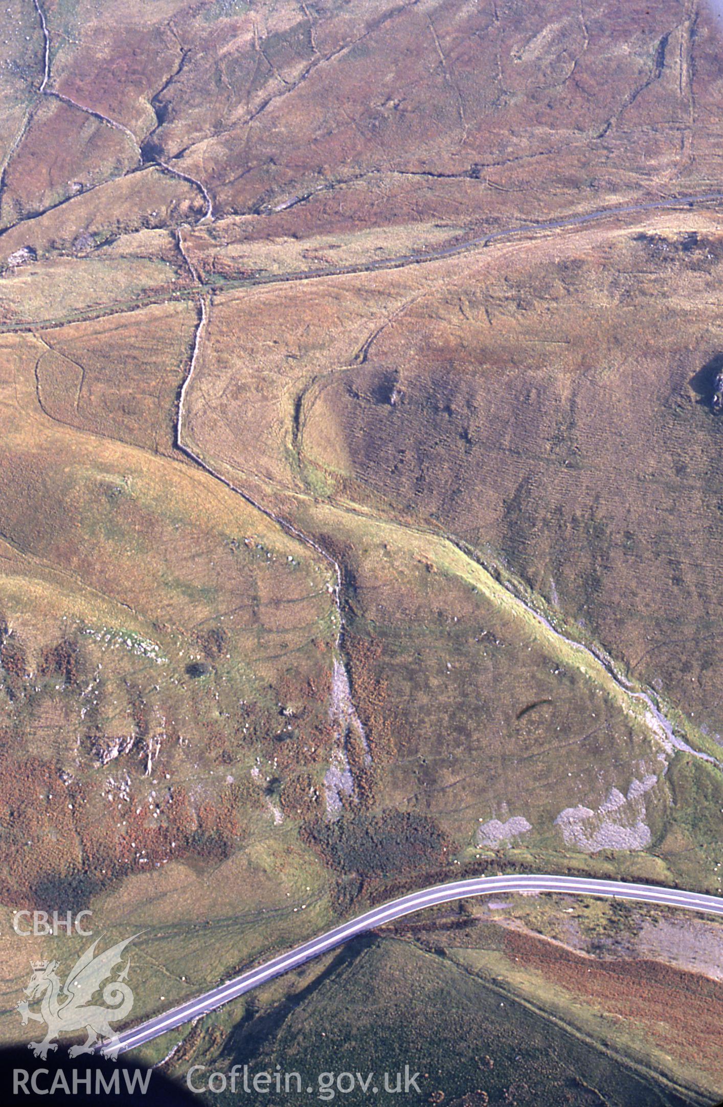 RCAHMW colour slide oblique aerial photograph of Cefn-y-clawydd Trackways (alledged Roman Road Segment), Dolgellau, taken by C.R. Musson, 09/10/94