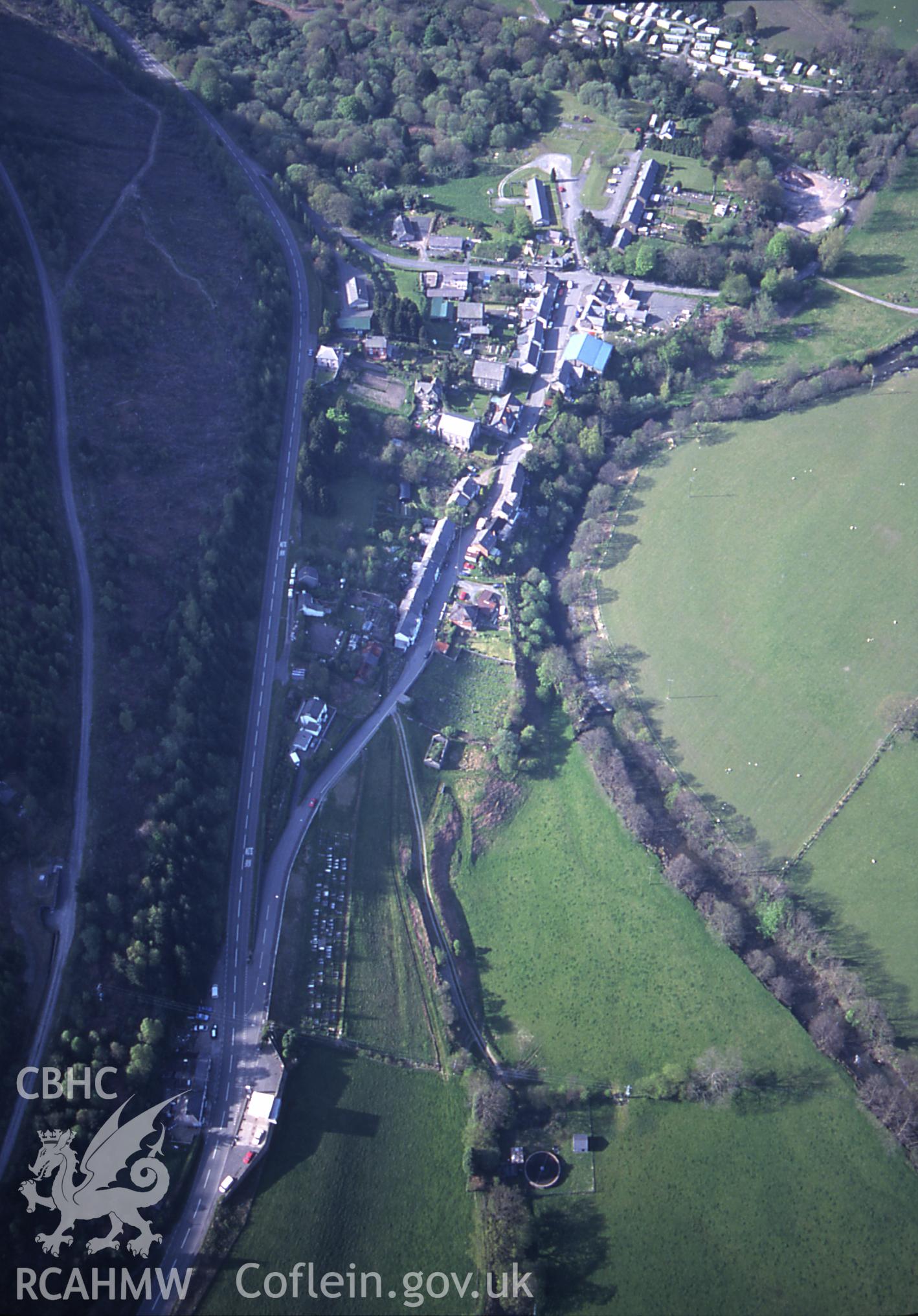 RCAHMW colour slide oblique aerial photograph of Dinas Mawddwy, taken on 29/04/1999 by Toby Driver