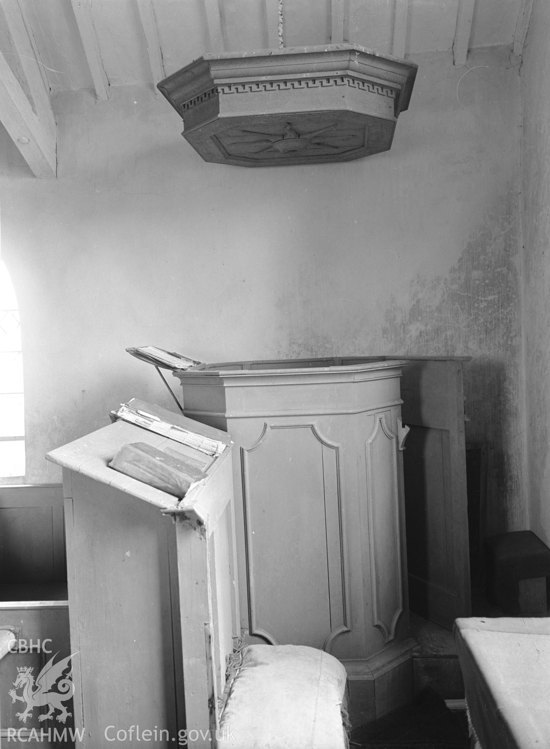 Interior view showing reading desk and pulpit.