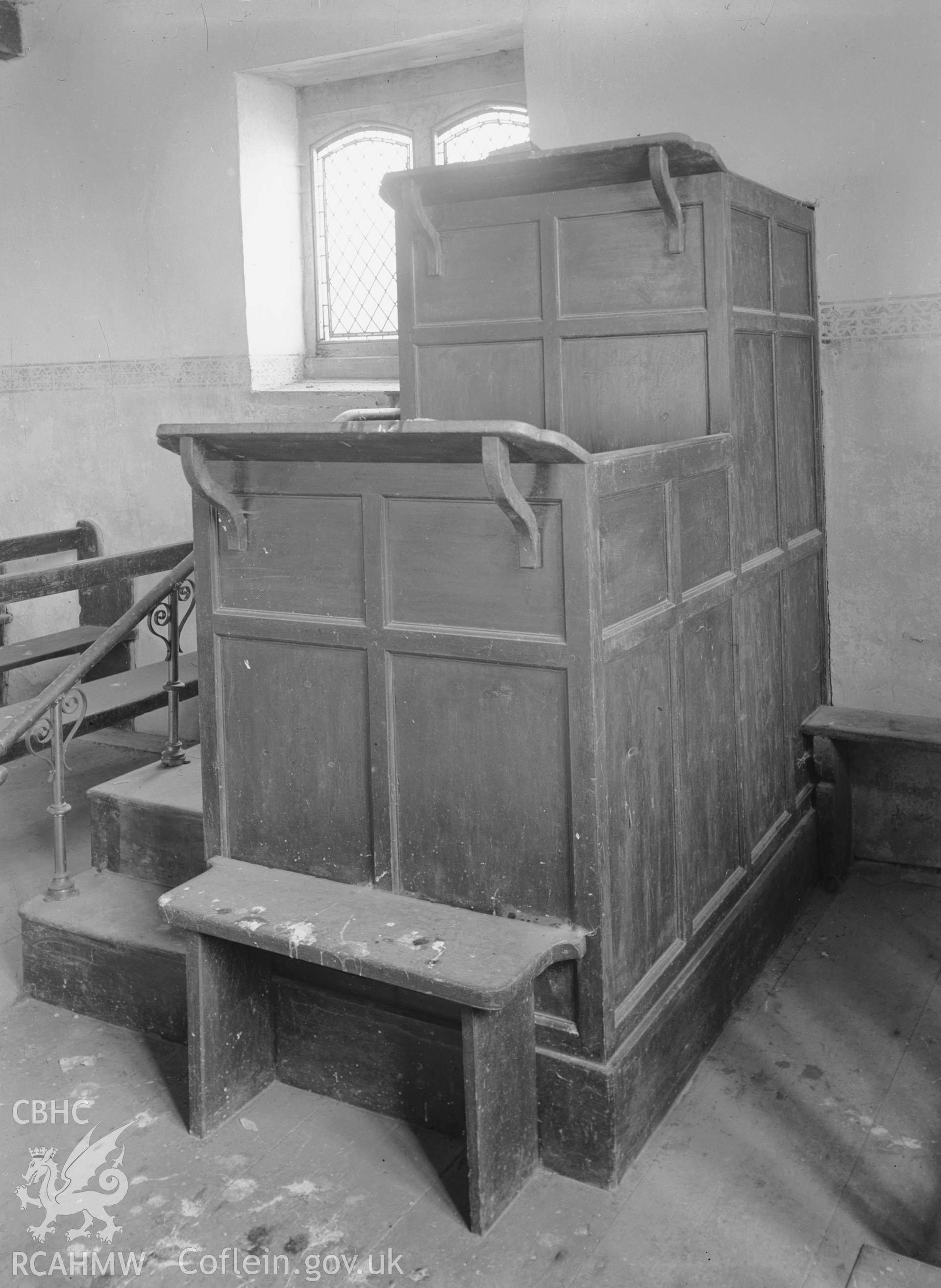 Interior view showing double-decker pulpit.