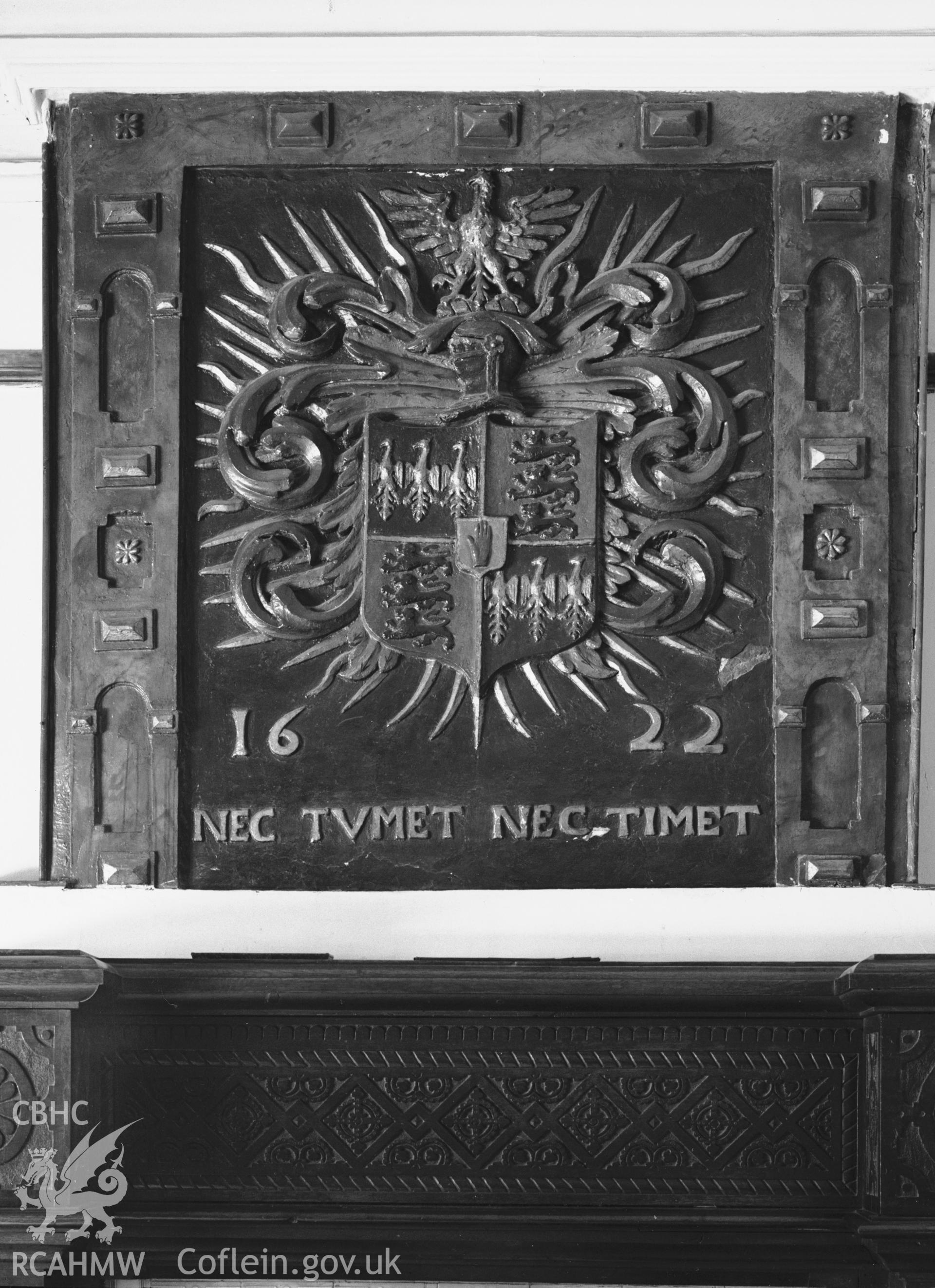 Interior view showing 1622 arms panel formerly in Llanrwst Town Hall.