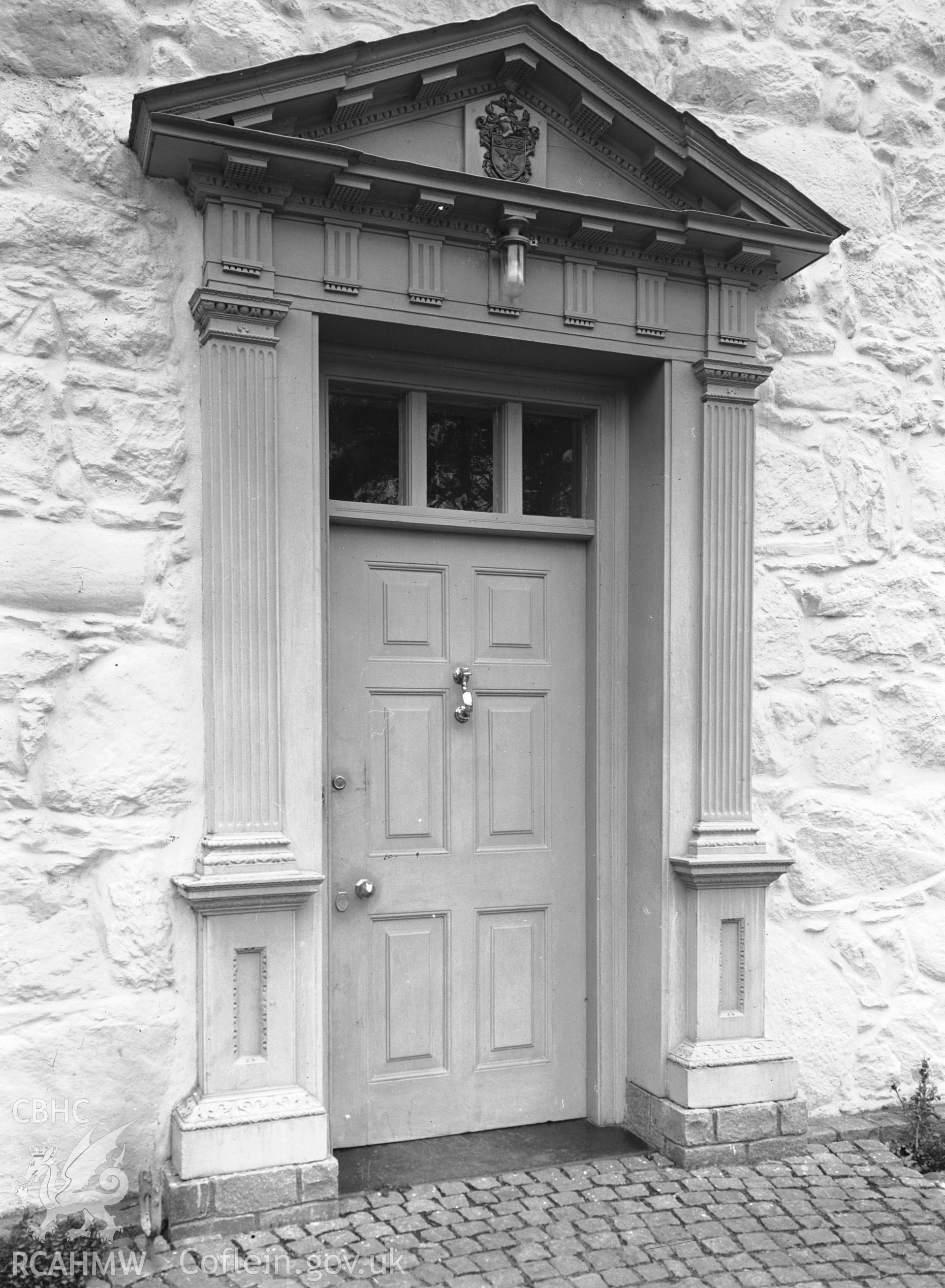 Exterior view showing detail of door in the north elevation.