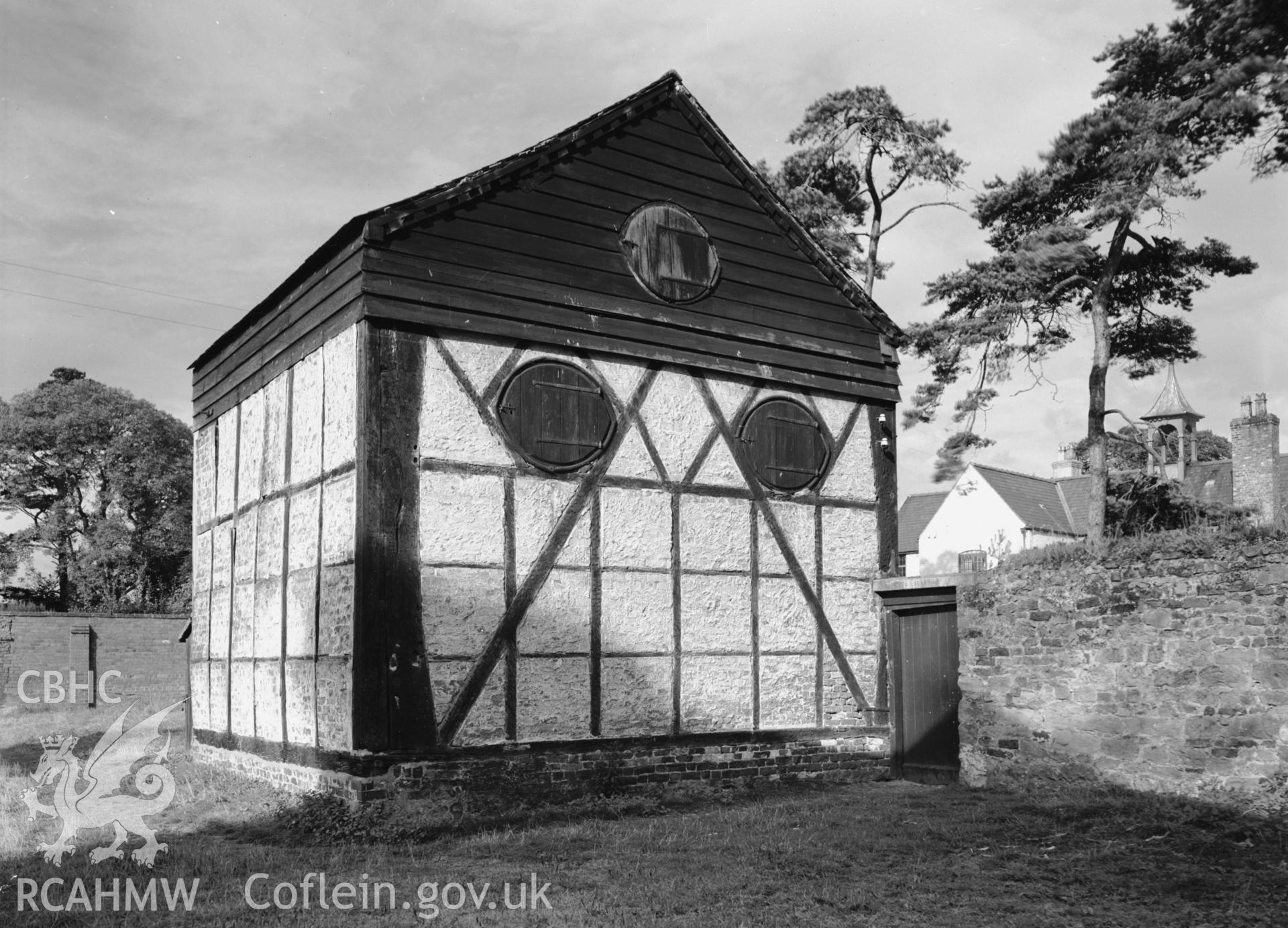 Exterior: timber-framed outbuilding