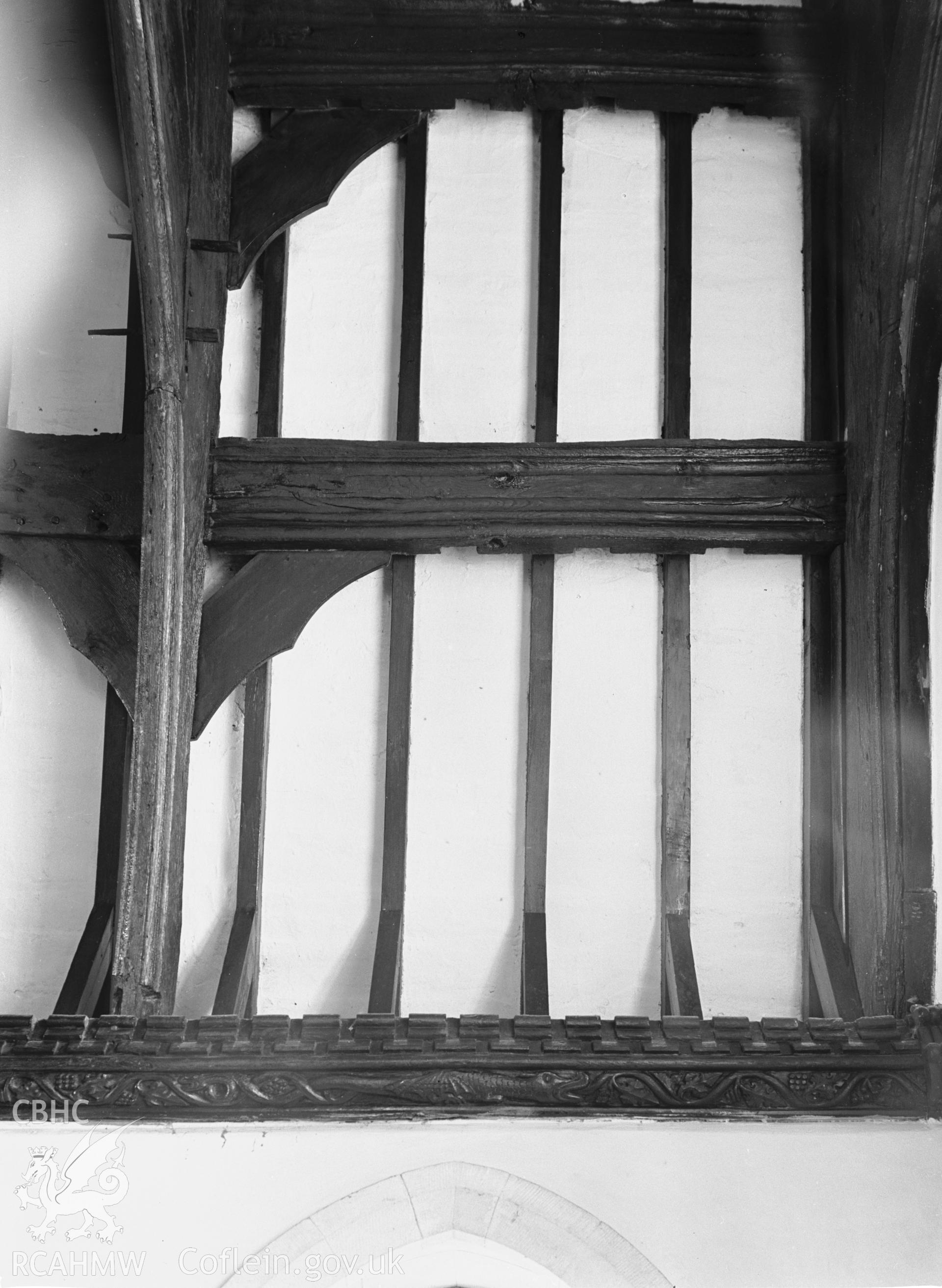 Interior view showing roof timbers in the sanctuary.