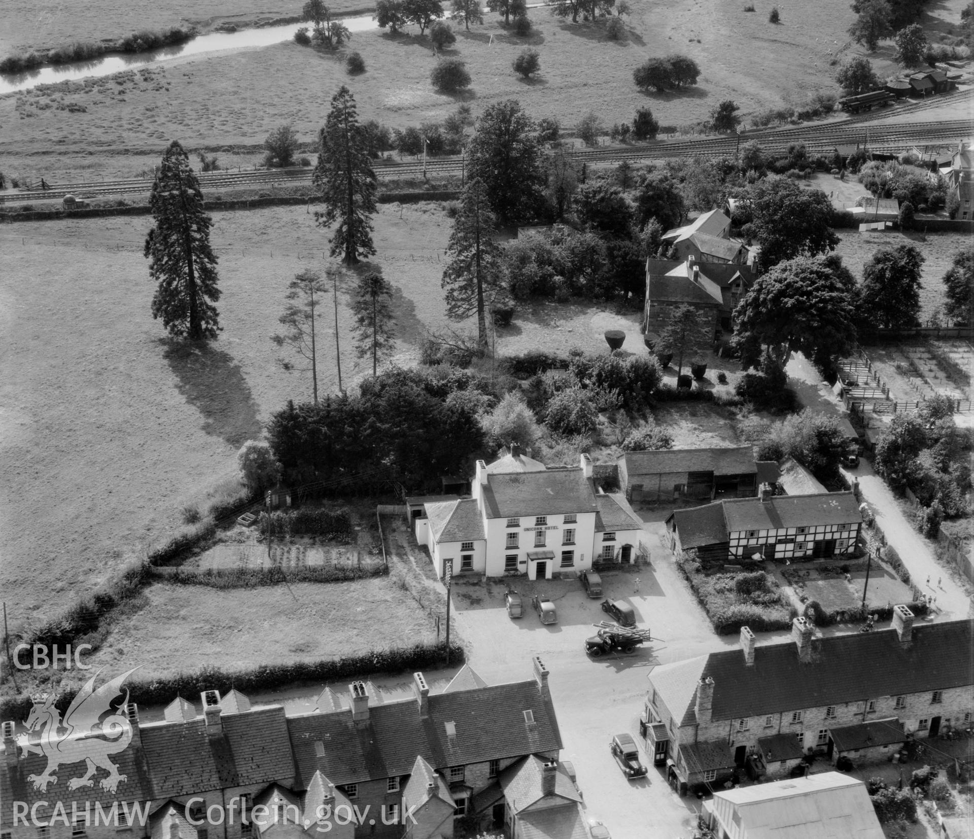 View of Caersws showing the Unicorn Hotel