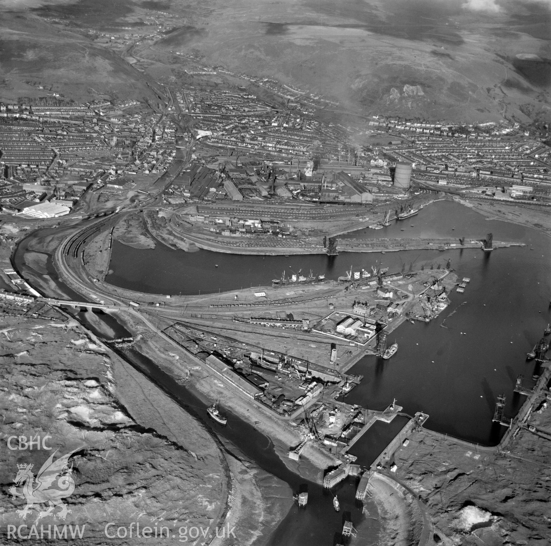 General view of Port Talbot showing docks