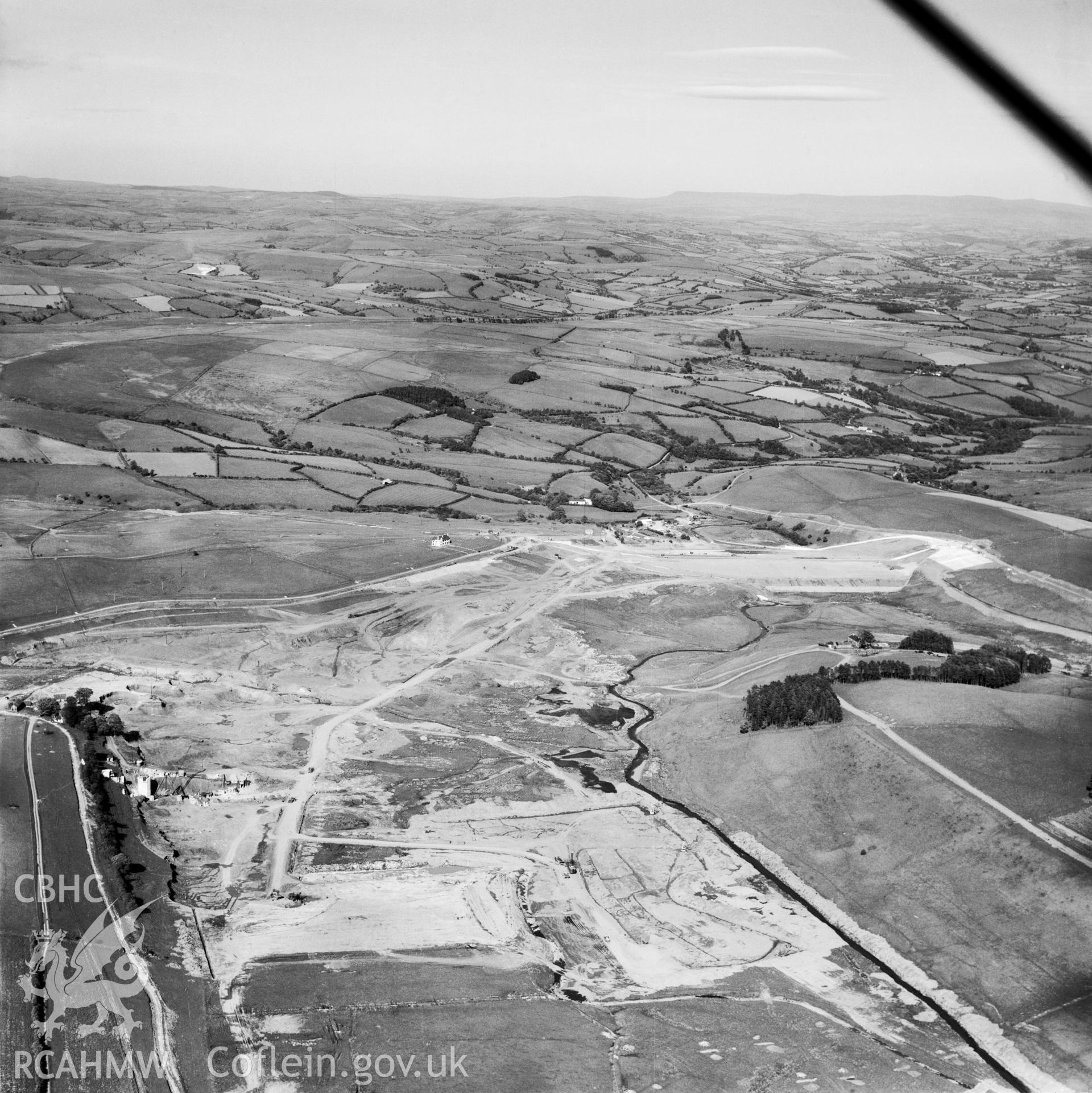 View showing construction of Usk reservoir, commissioned by County Borough of Swansea