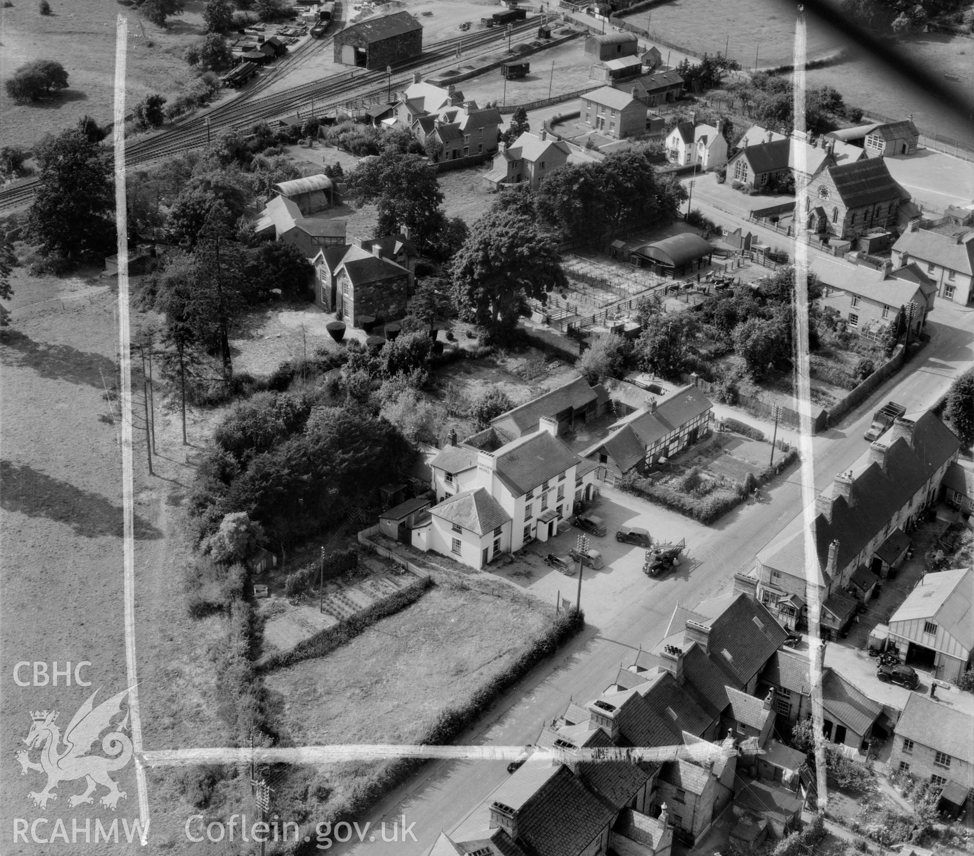 View of Caersws showing the Unicorn Hotel