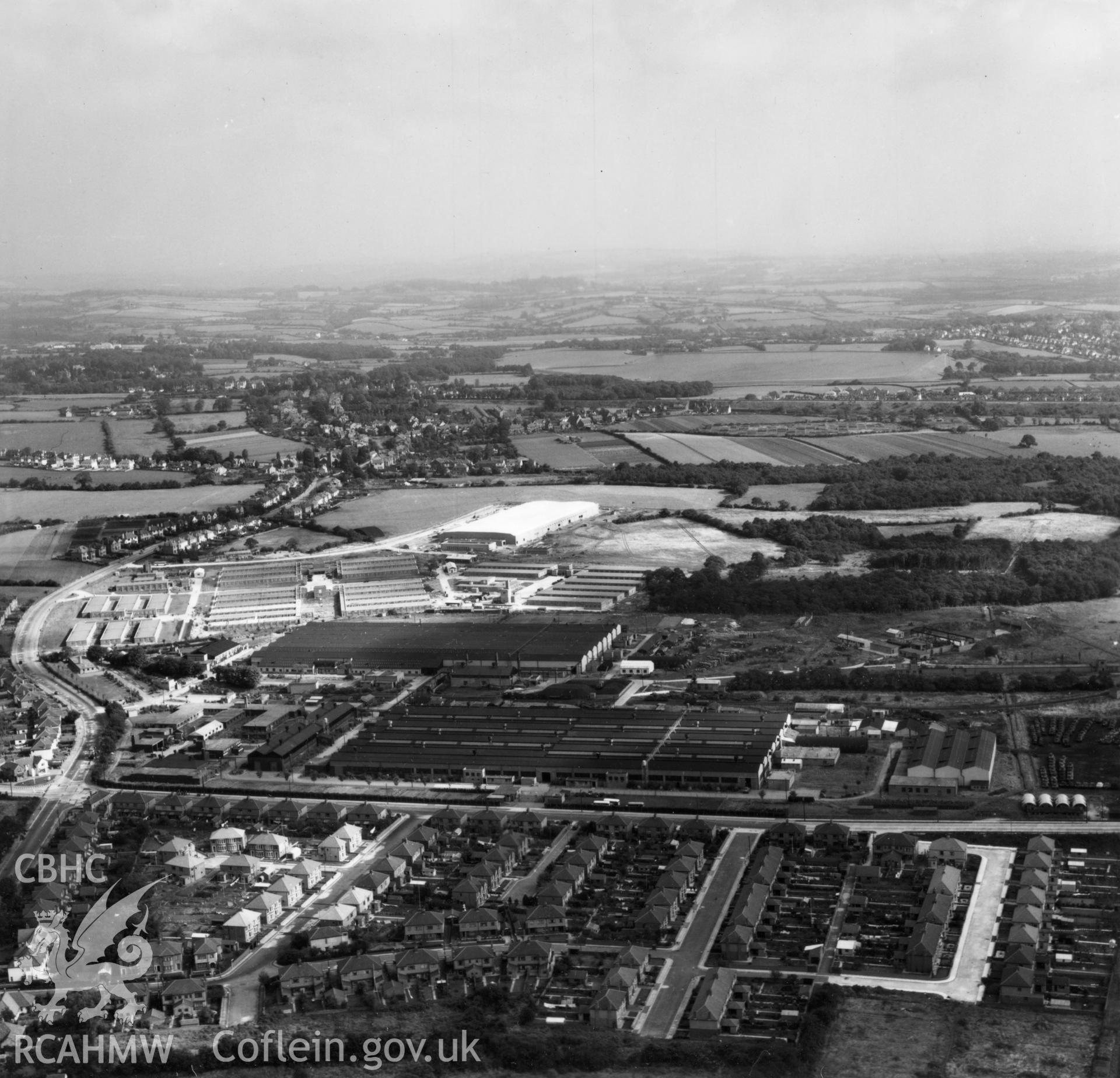 General view of factories and government buildings including the RO factory and new Inland Revenue buildings at Llanishen. Oblique aerial photograph, 5?" cut roll film.