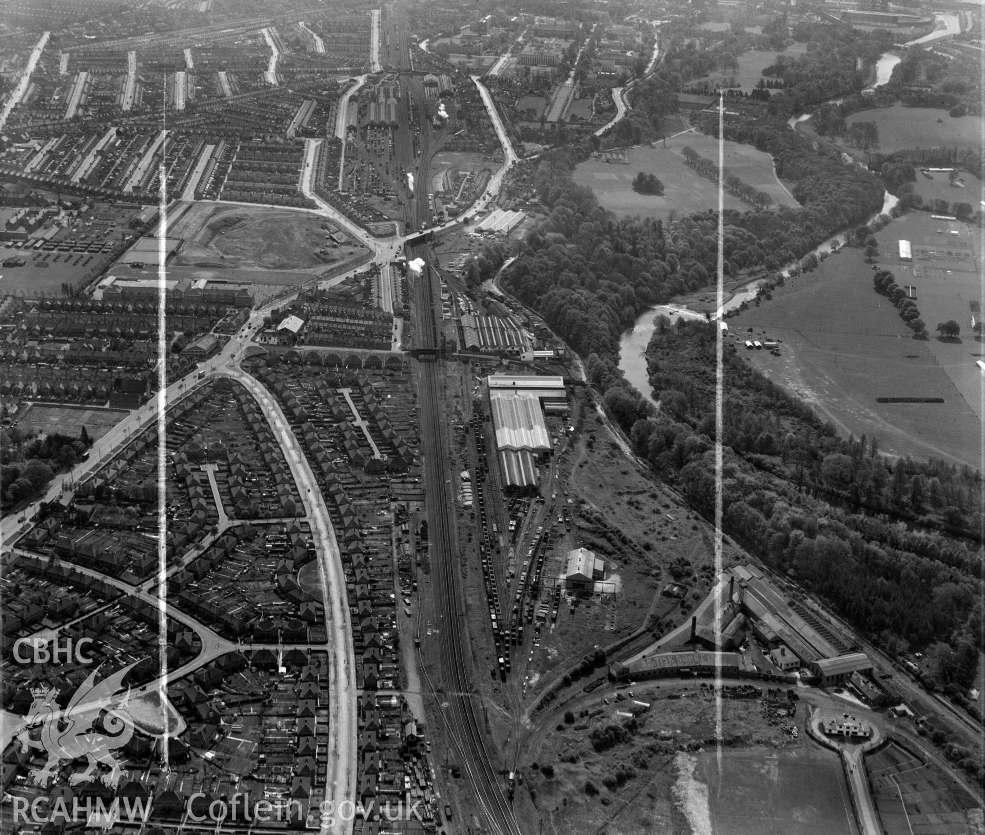 View of Cambrian Wagon Works Ltd., Maindy, Cardiff, showing housing at Gabalfa and Mynachdy