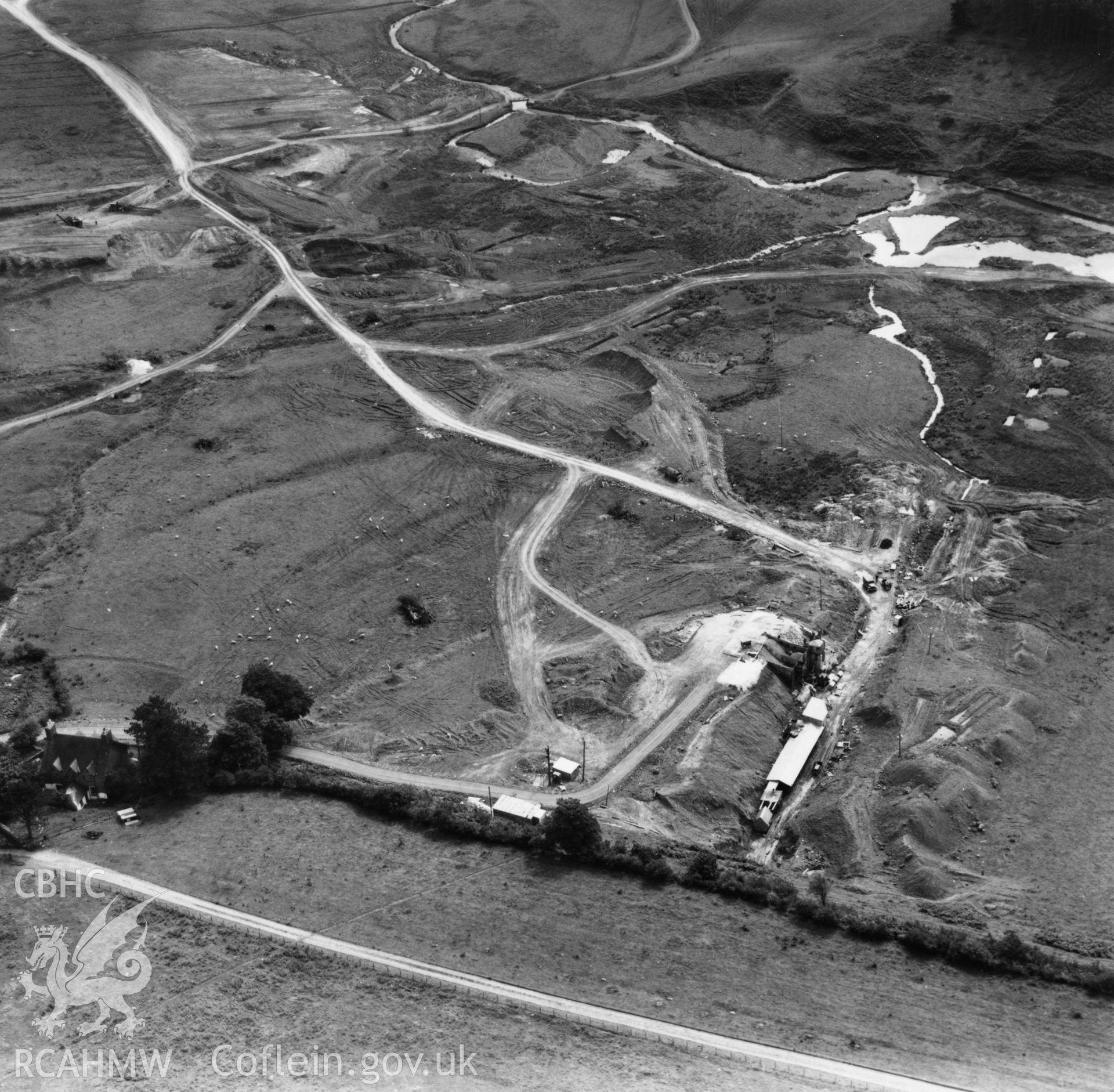 View of site during the construction of Usk Reservoir. Oblique aerial photograph, 5?" cut roll film.