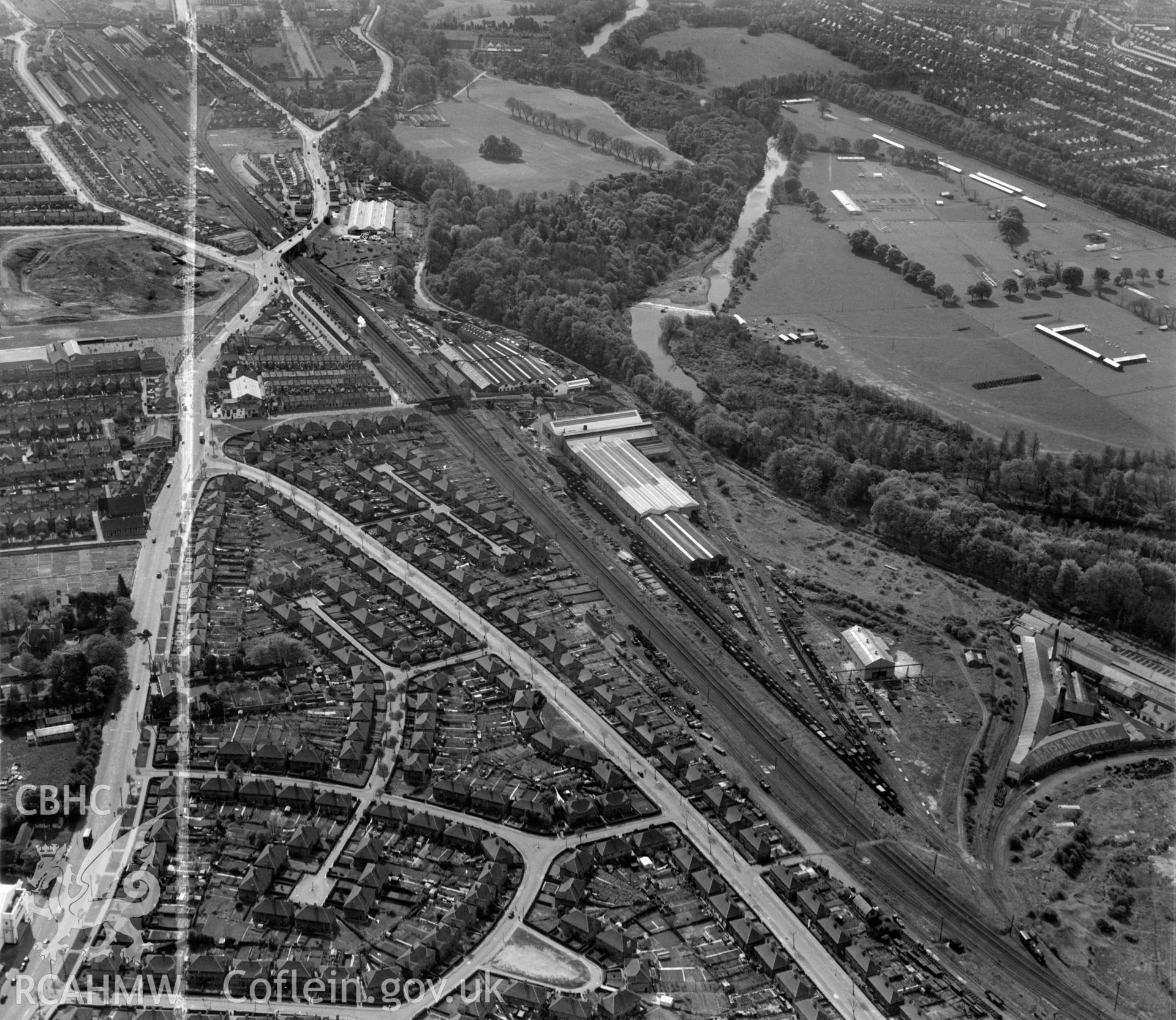 View of Cambrian Wagon Works Ltd., Maindy, Cardiff, showing housing at Gabalfa and Mynachdy