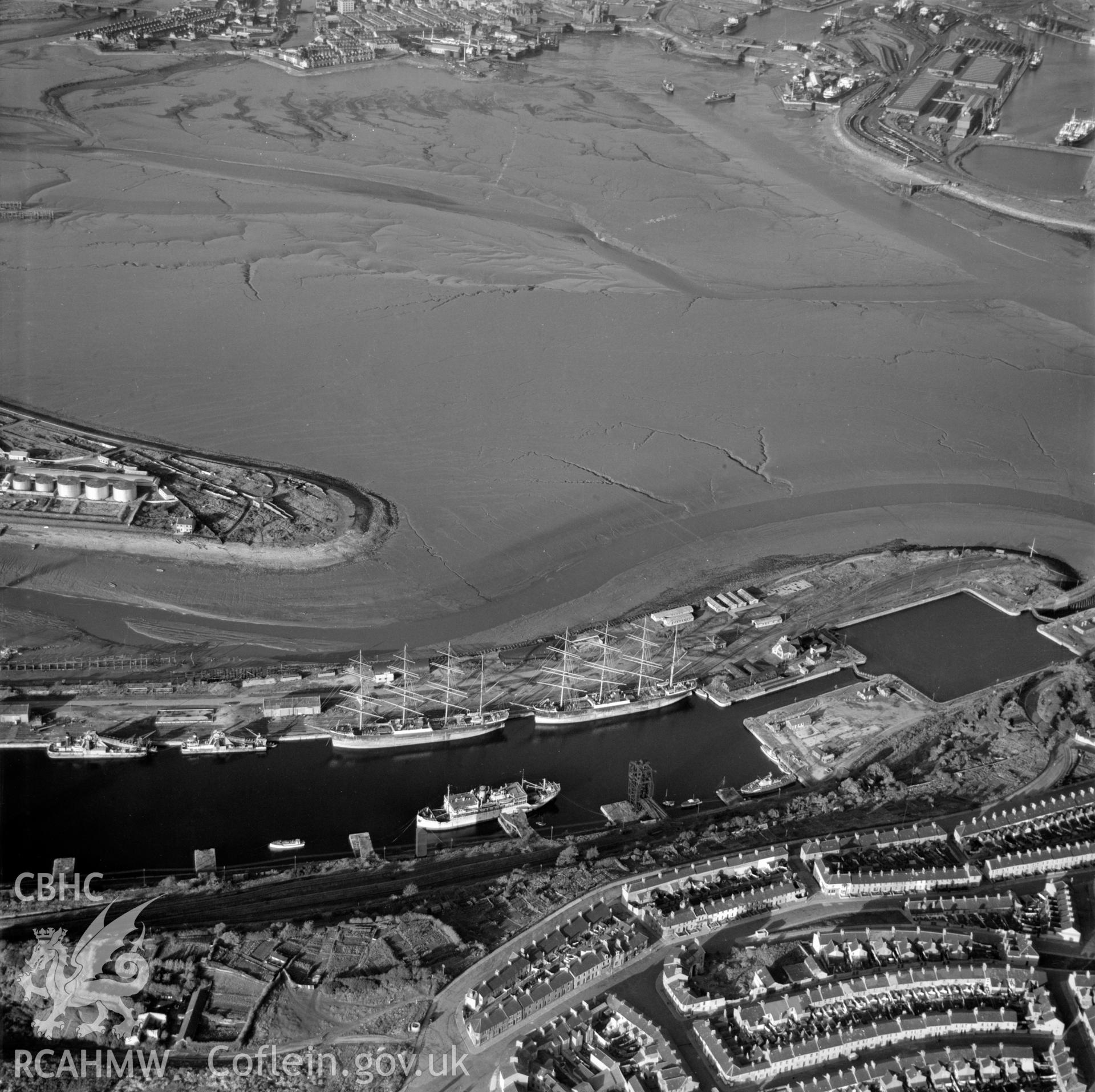 View of Penarth docks showing the 4-masted ships 'Pamir' and 'Passat'