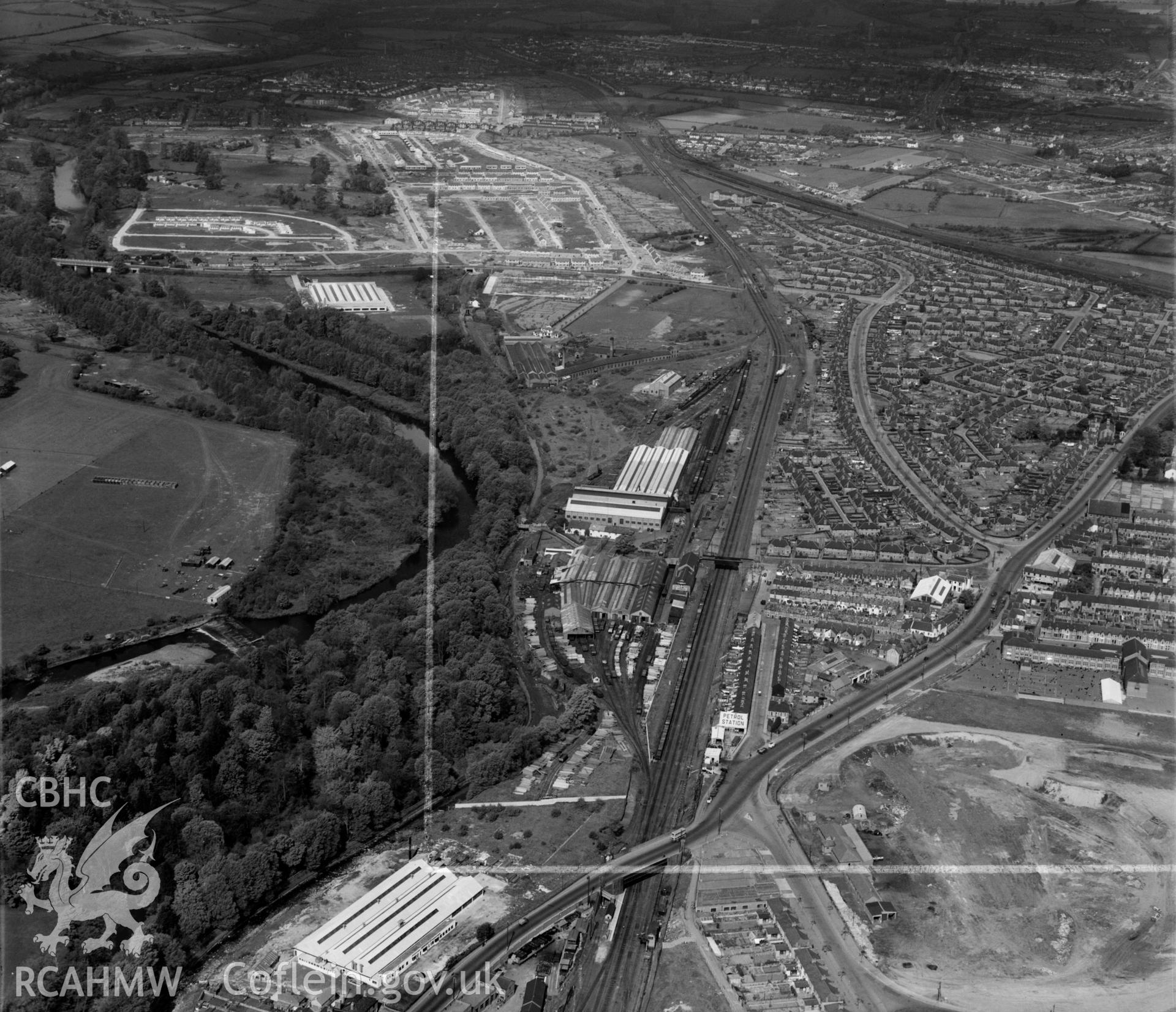 View of Cambrian Wagon Works Ltd., Maindy, Cardiff showing new housing under construction at Gabalfa