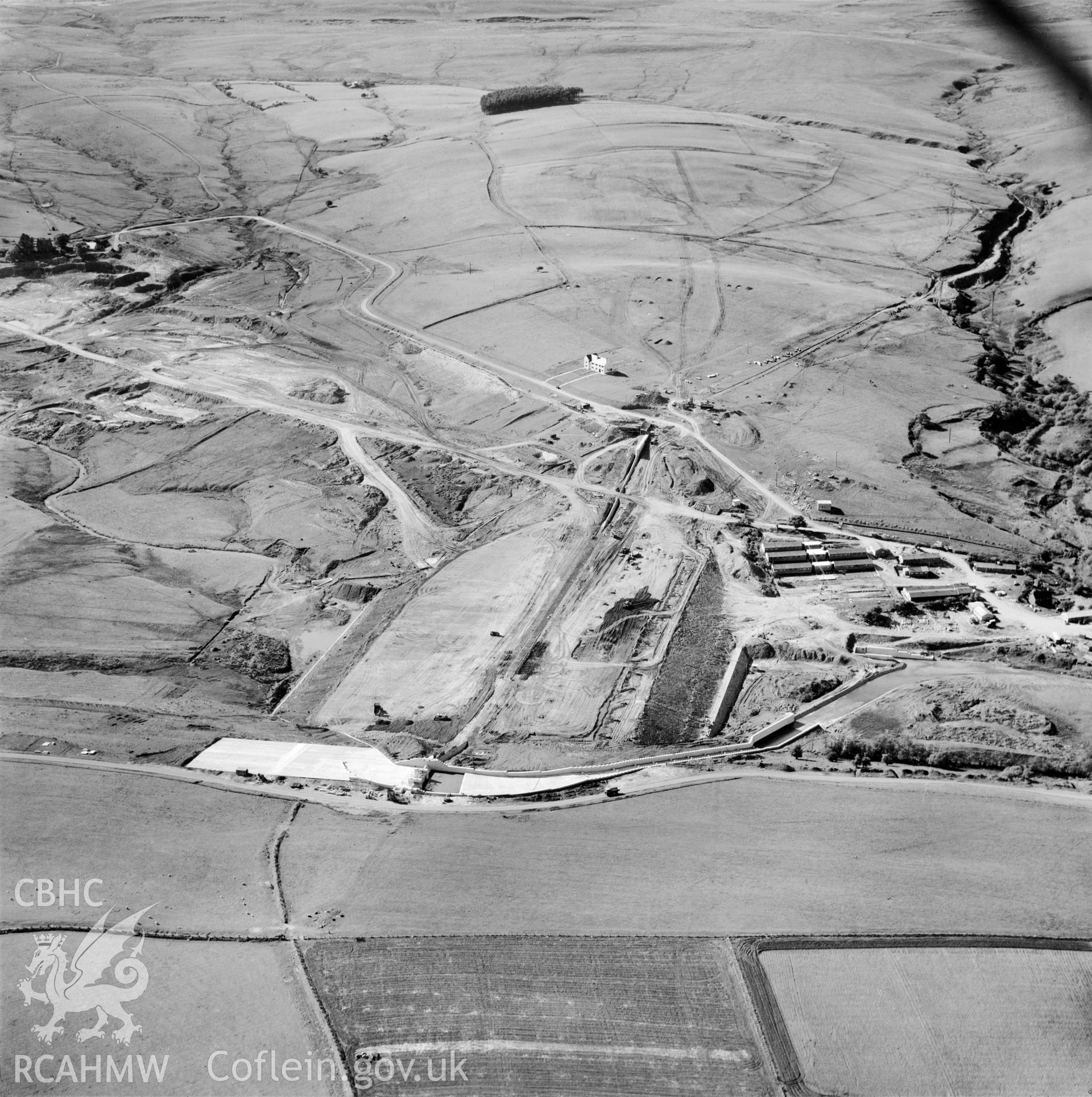 View showing construction of Usk reservoir, commissioned by County Borough of Swansea