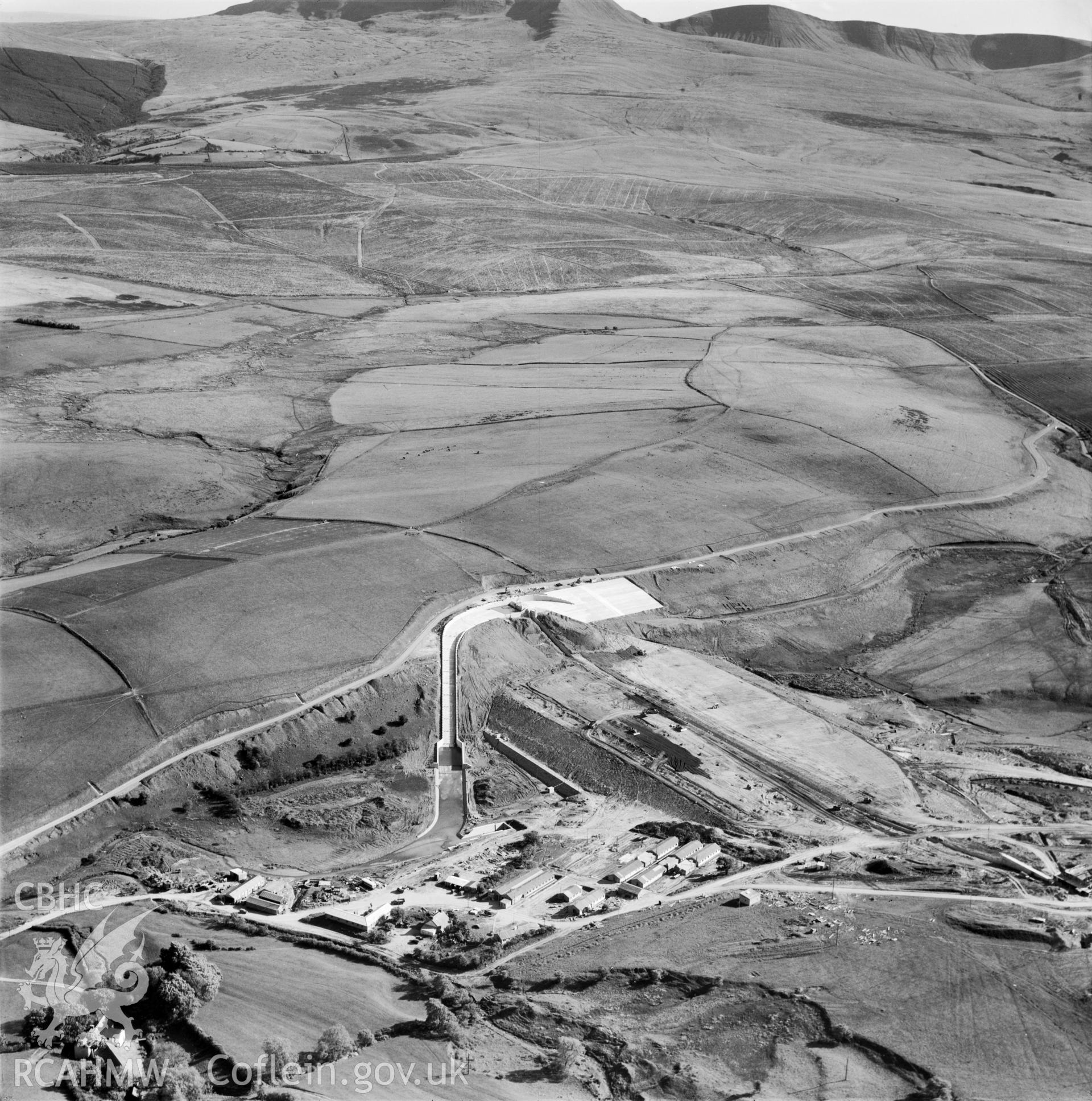 View showing construction of Usk reservoir, commissioned by County Borough of Swansea