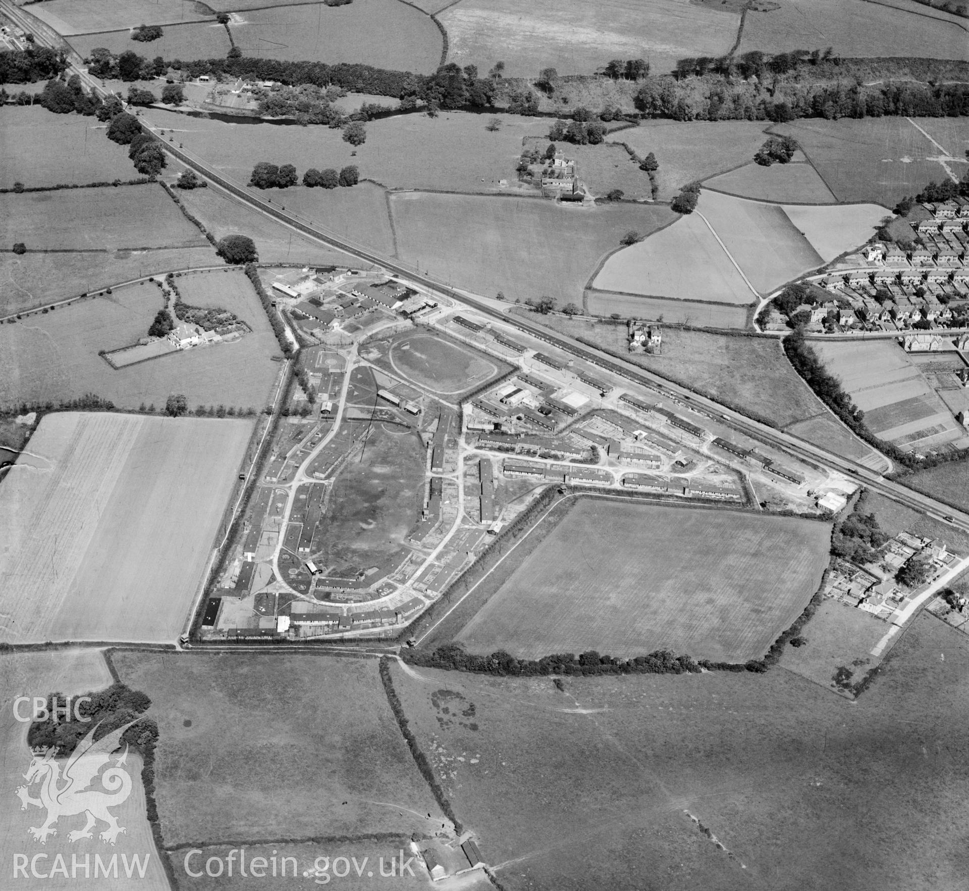 View of Island Farm POW camp - the photograph was commissioned by the Gee, Walker & Slater construction company in 1947 for possible reuse as a development site for new housing.