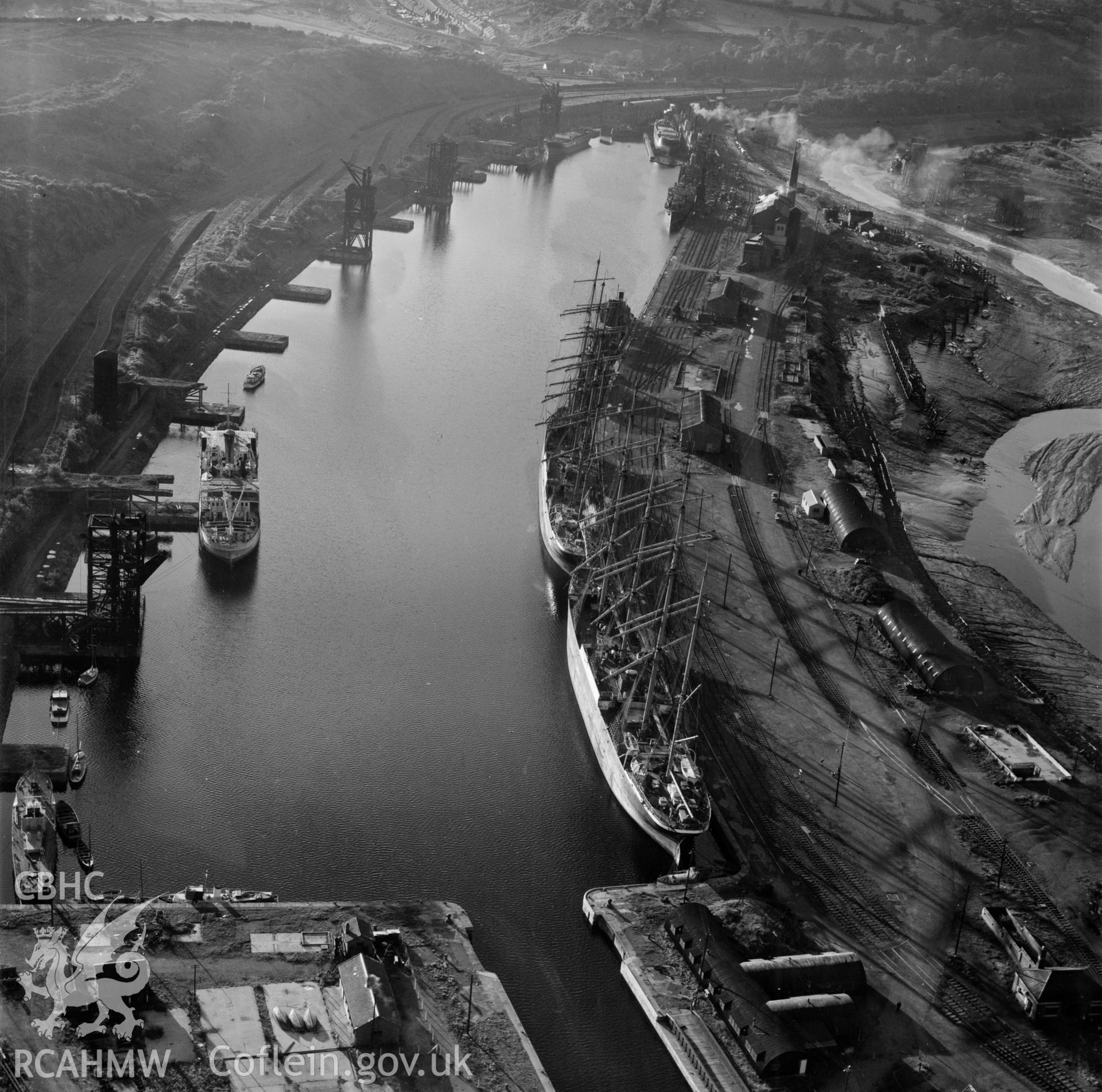 View of Penarth docks showing the 4-masted ships 'Pamir' and 'Passat'