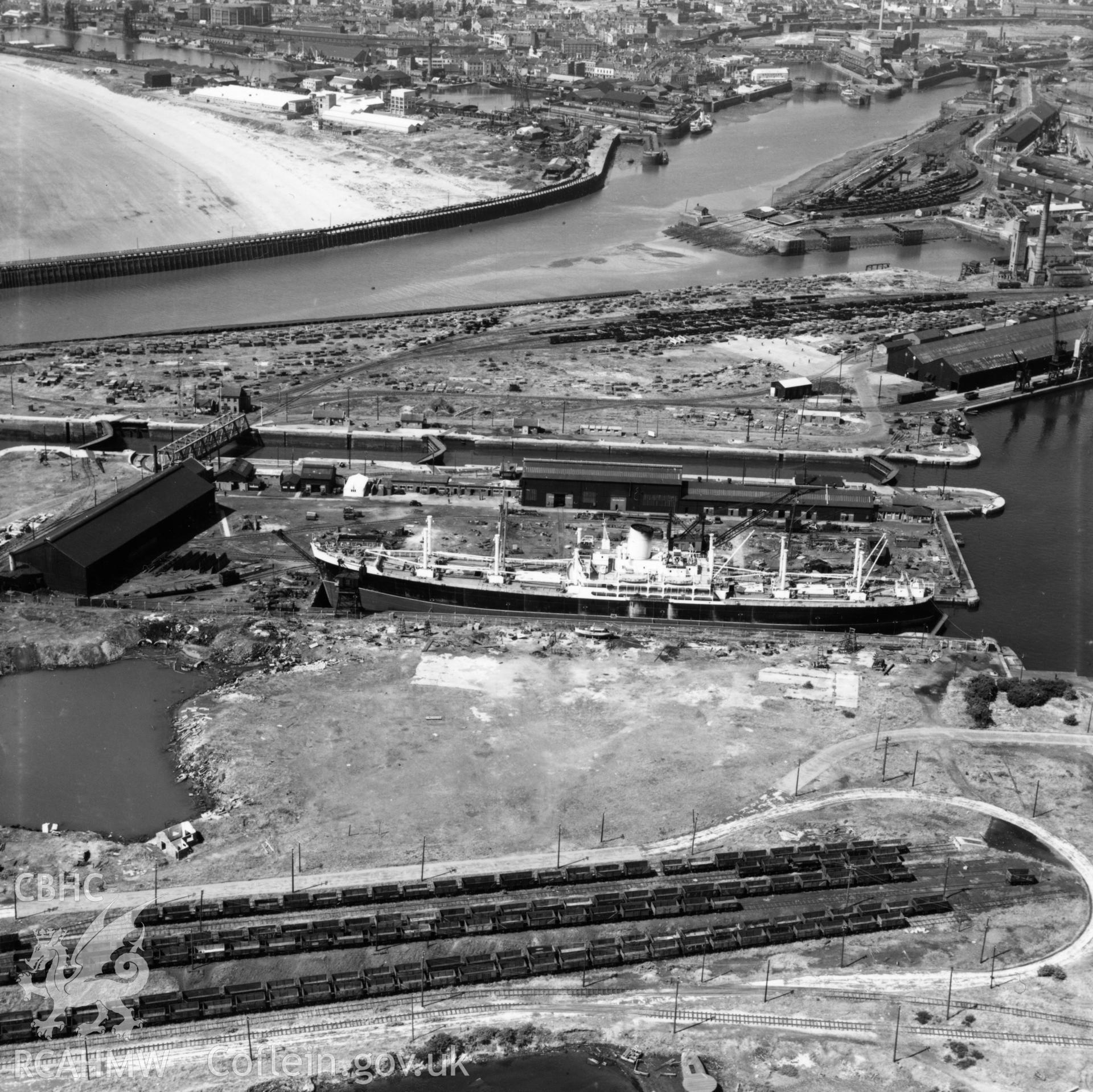 View of Palmers dry dock, Prince of Wales Dry Dock Co. Ltd., Swansea. Oblique aerial photograph, 5?" cut roll film.