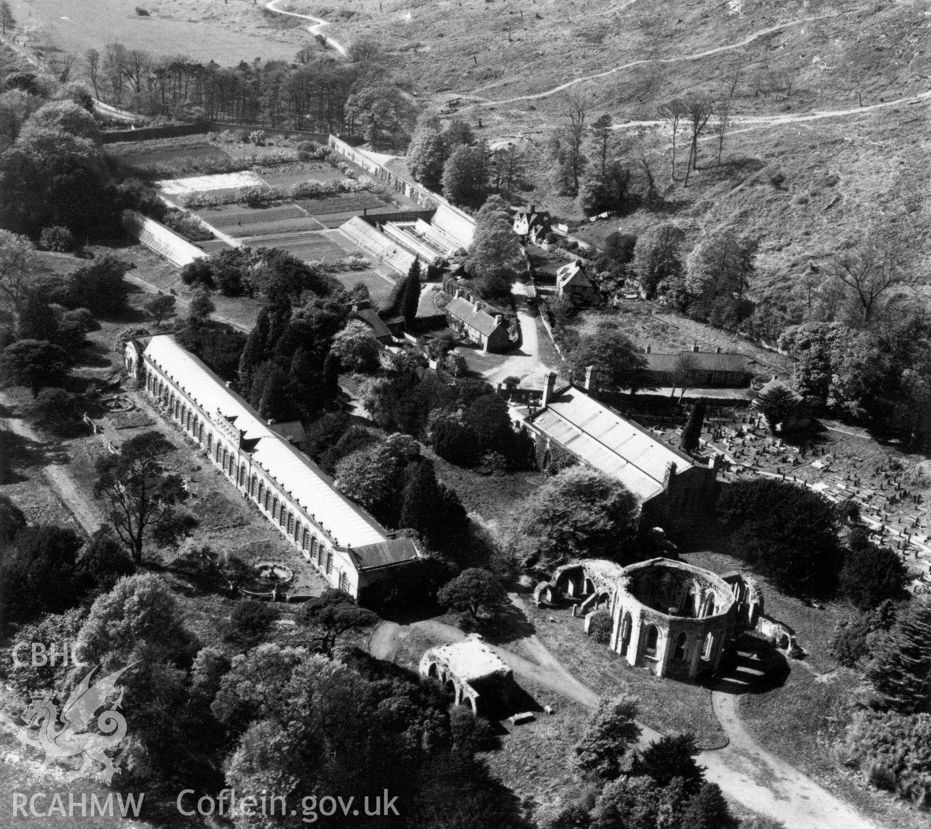 View of Margam Park showing St Mary's church and graveyard, orangery and chapter house ruins. Oblique aerial photograph, 5?" cut roll film.