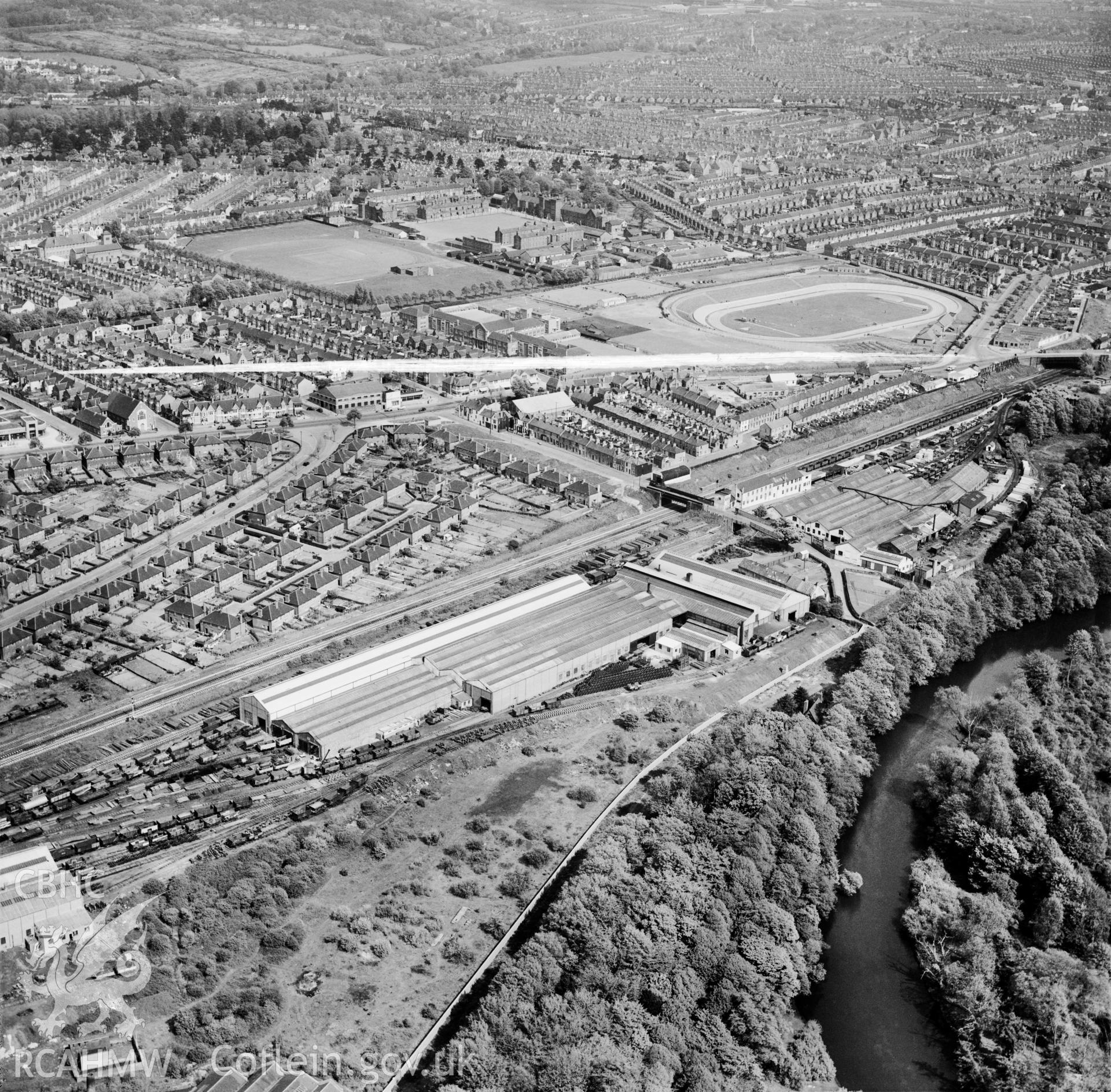 View of Cambrian Wagon & Engineering Co. Ltd., Maindy, Cardiff, showing the recently opened Maindy Stadium