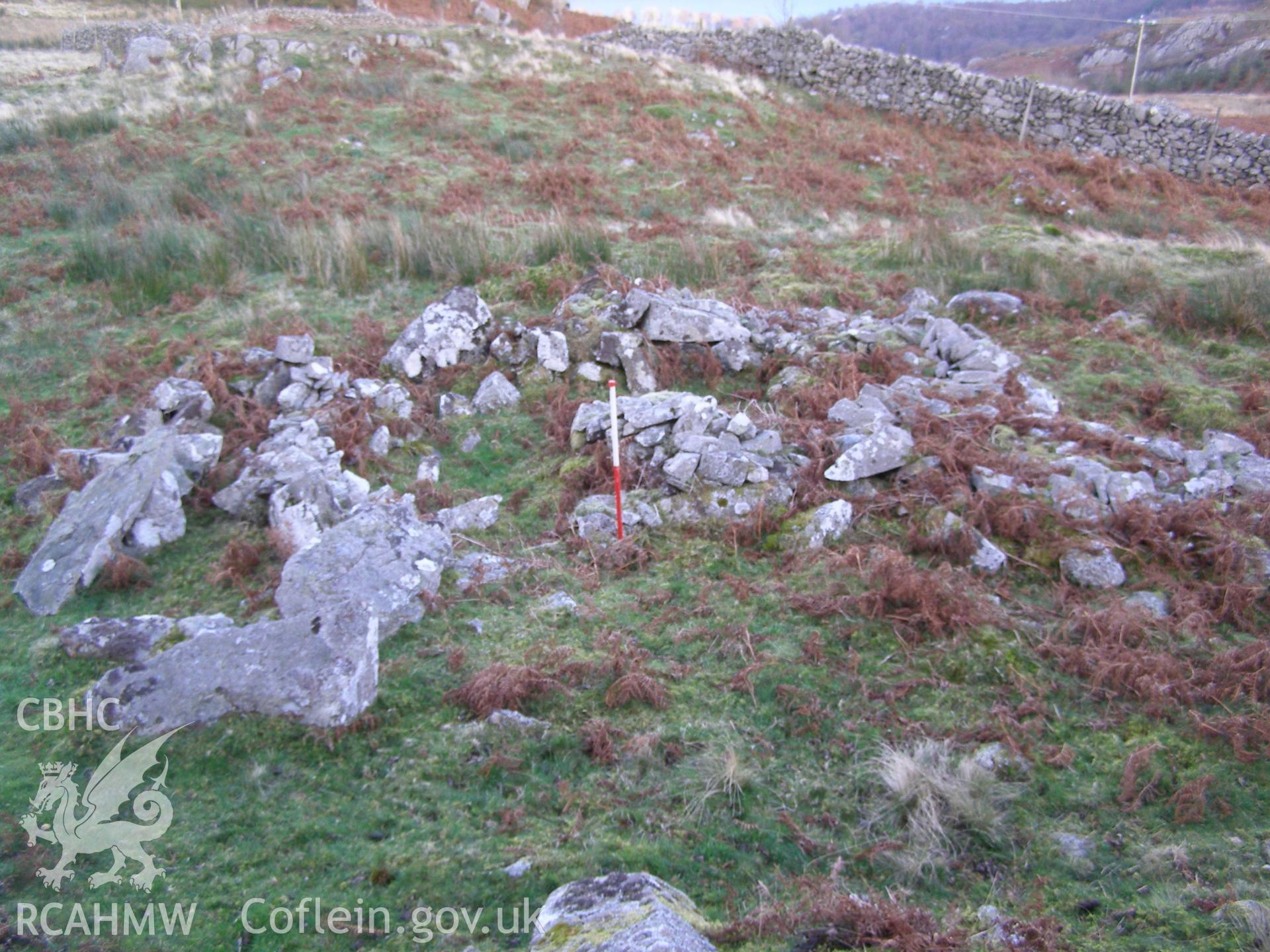 Digital colour photograph of Gallt y Celyn huts taken on 13/12/2007 by P.J. Schofield during the Snowdon North West Upland Survey undertaken by Oxford Archaeology North.