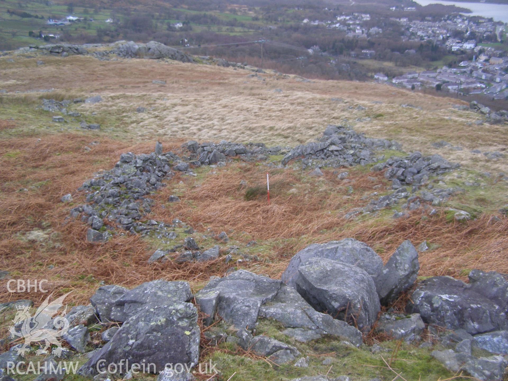 Digital colour photograph of Cader Ellyll hut circle I taken on 31/01/2008 by P.J. Schofield during the Snowdon North West Upland Survey undertaken by Oxford Archaeology North.