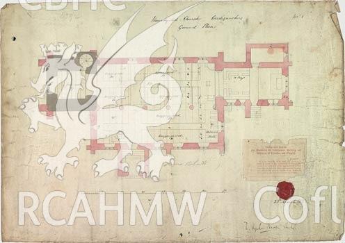 Colour digital photograph showing the floor plan (1852) of St. Rhystud Church, Llanrhystud.