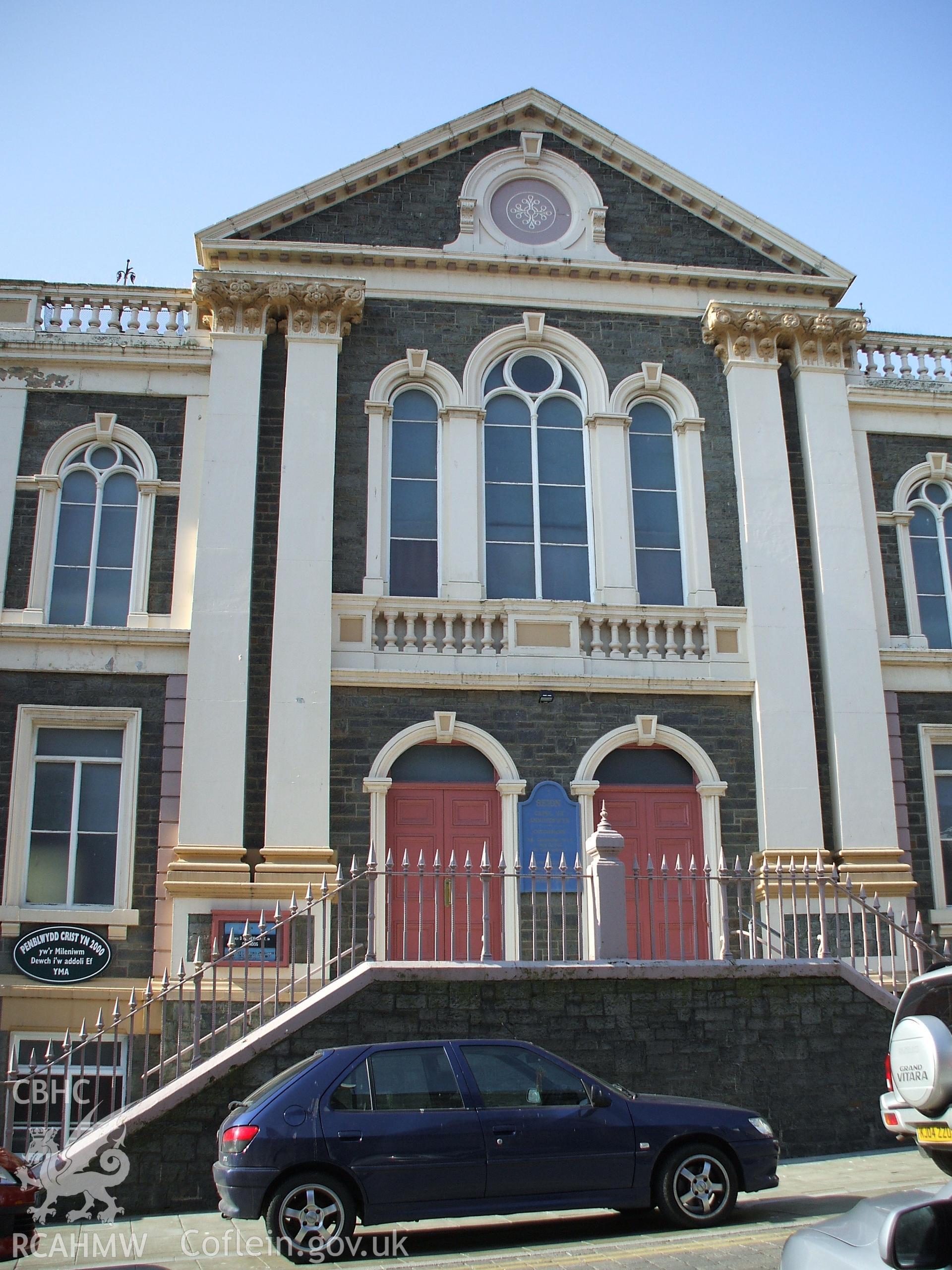 Colour digital photograph showing the front exterior of the Seion Welsh Independent Chapel, Baker Street, Aberystwyth.