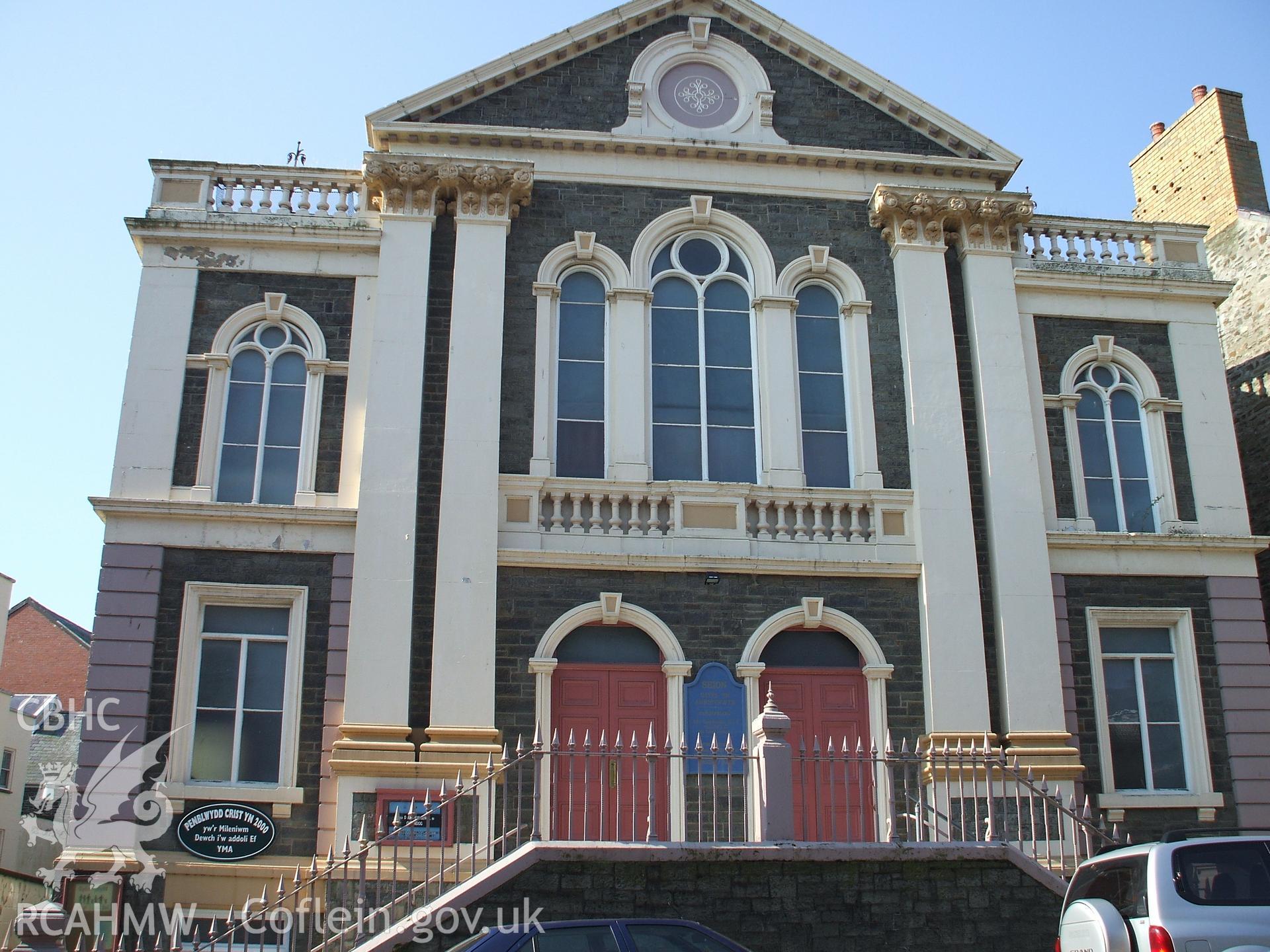 Colour digital photograph showing the front exterior of the Seion Welsh Independent Chapel, Baker Street, Aberystwyth.