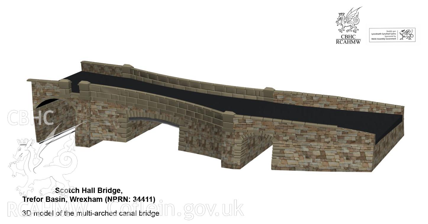 Still from 3D digital model of the multi-arched canal bridge, from a RCAHMW digital survey of Scotch Hall Bridge, Trefor Basin, Wrexham, carried out by Louise Barker and Susan Fielding, 05/2006.