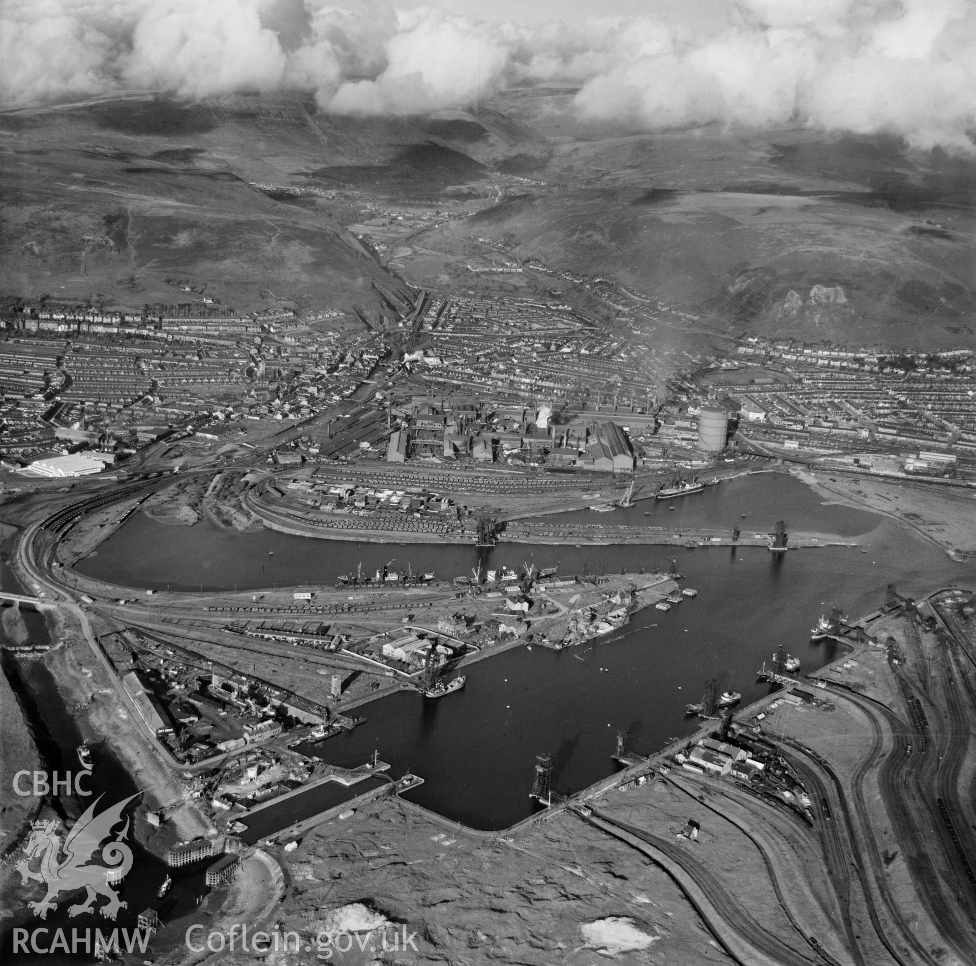 General view of Port Talbot showing docks