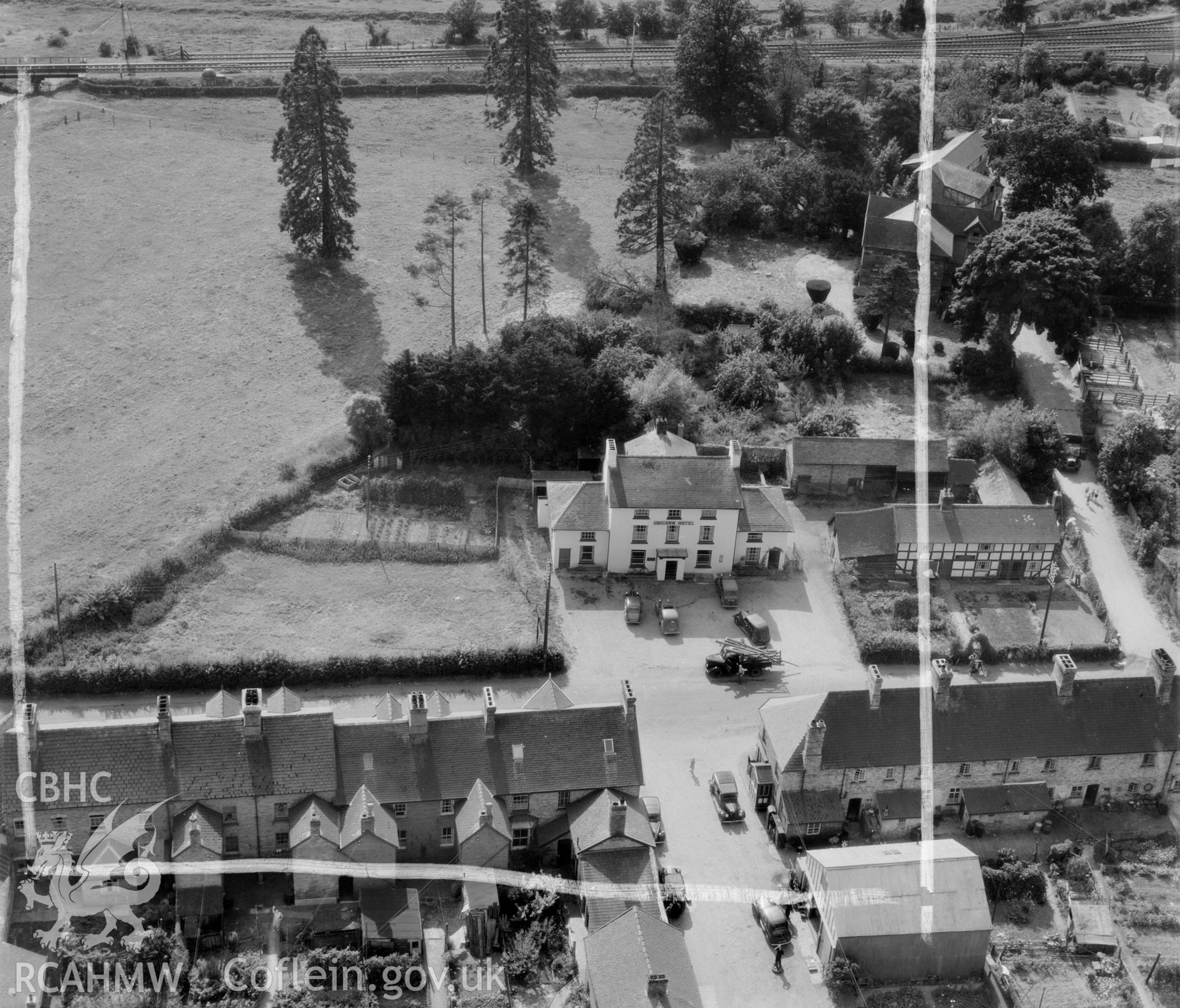 View of Caersws showing the Unicorn Hotel