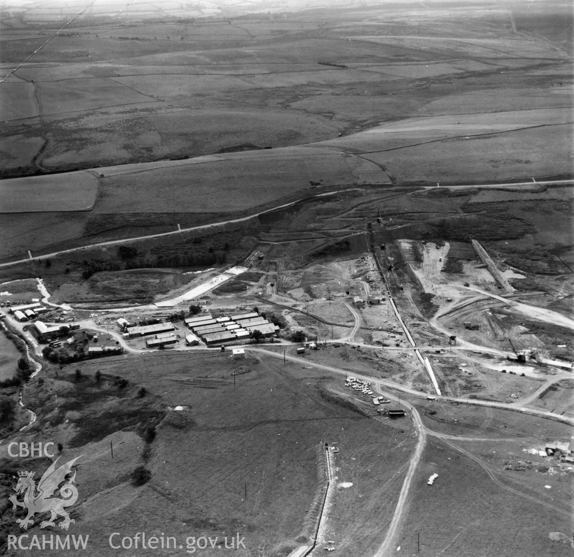 View of site during the construction of Usk Reservoir. Oblique aerial photograph, 5?" cut roll film.