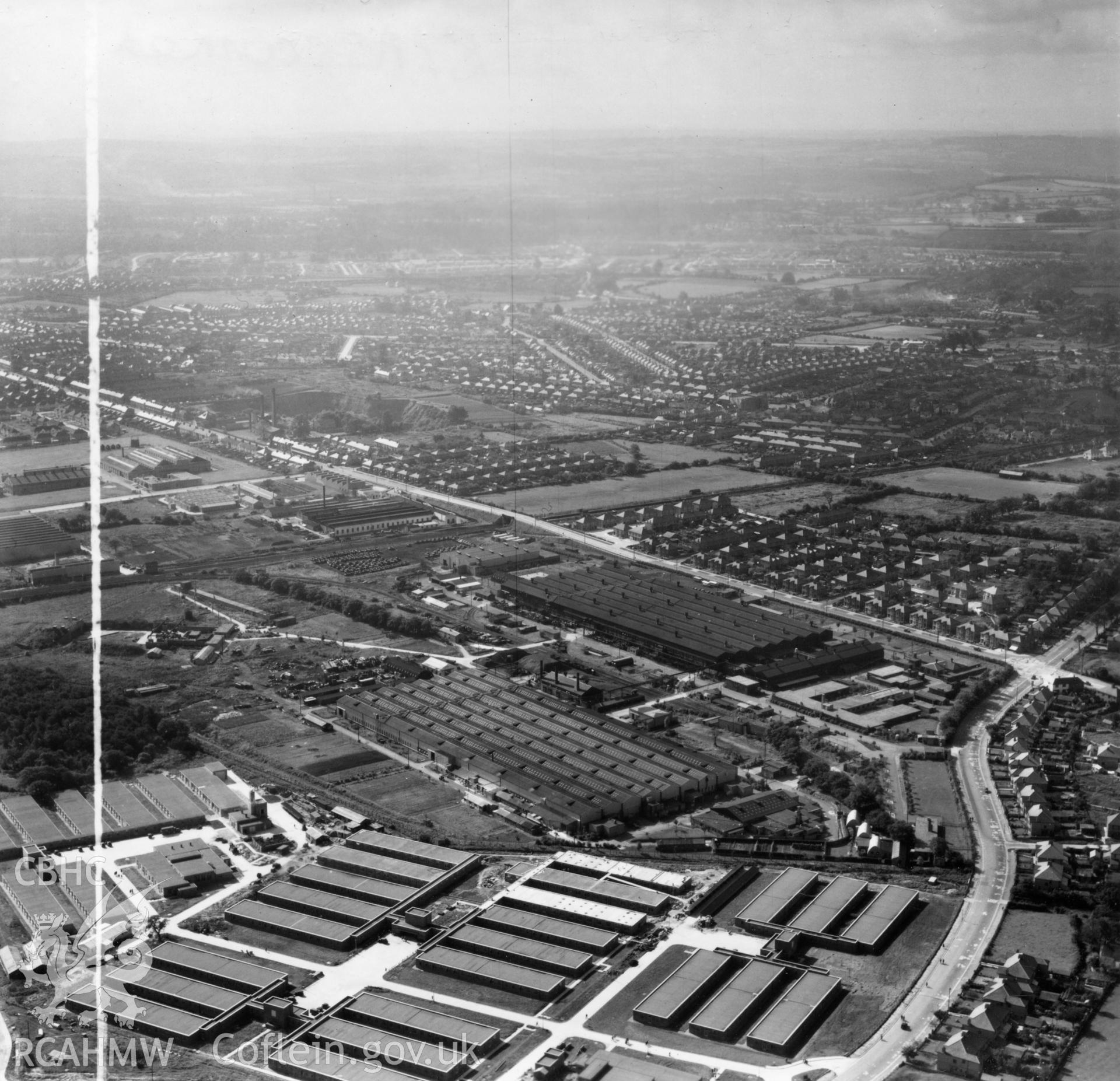 General view of factories and government buildings including the RO factory and new Inland Revenue buildings at Llanishen. Oblique aerial photograph, 5?" cut roll film.