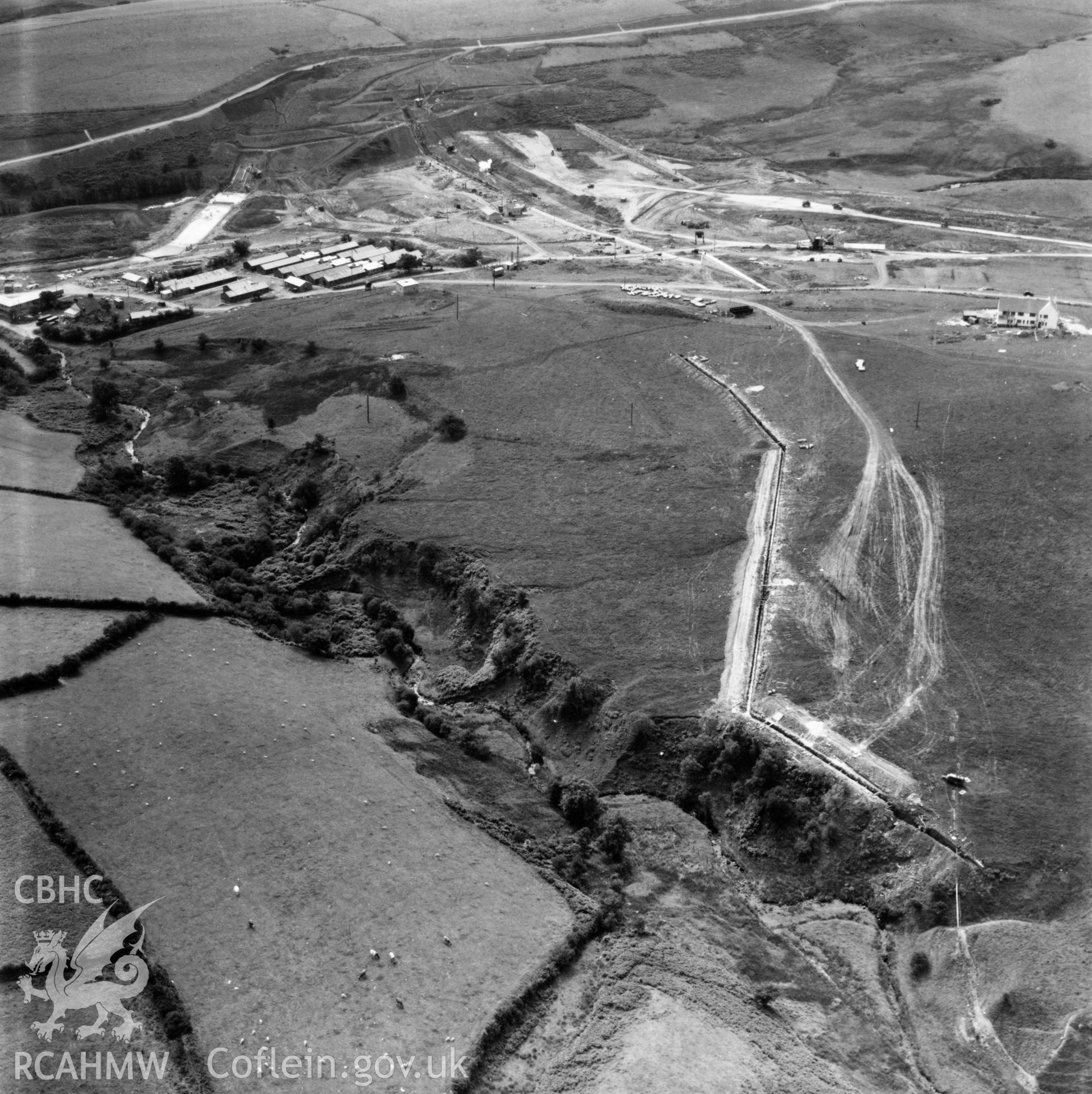 View of site during the construction of Usk Reservoir. Oblique aerial photograph, 5?" cut roll film.